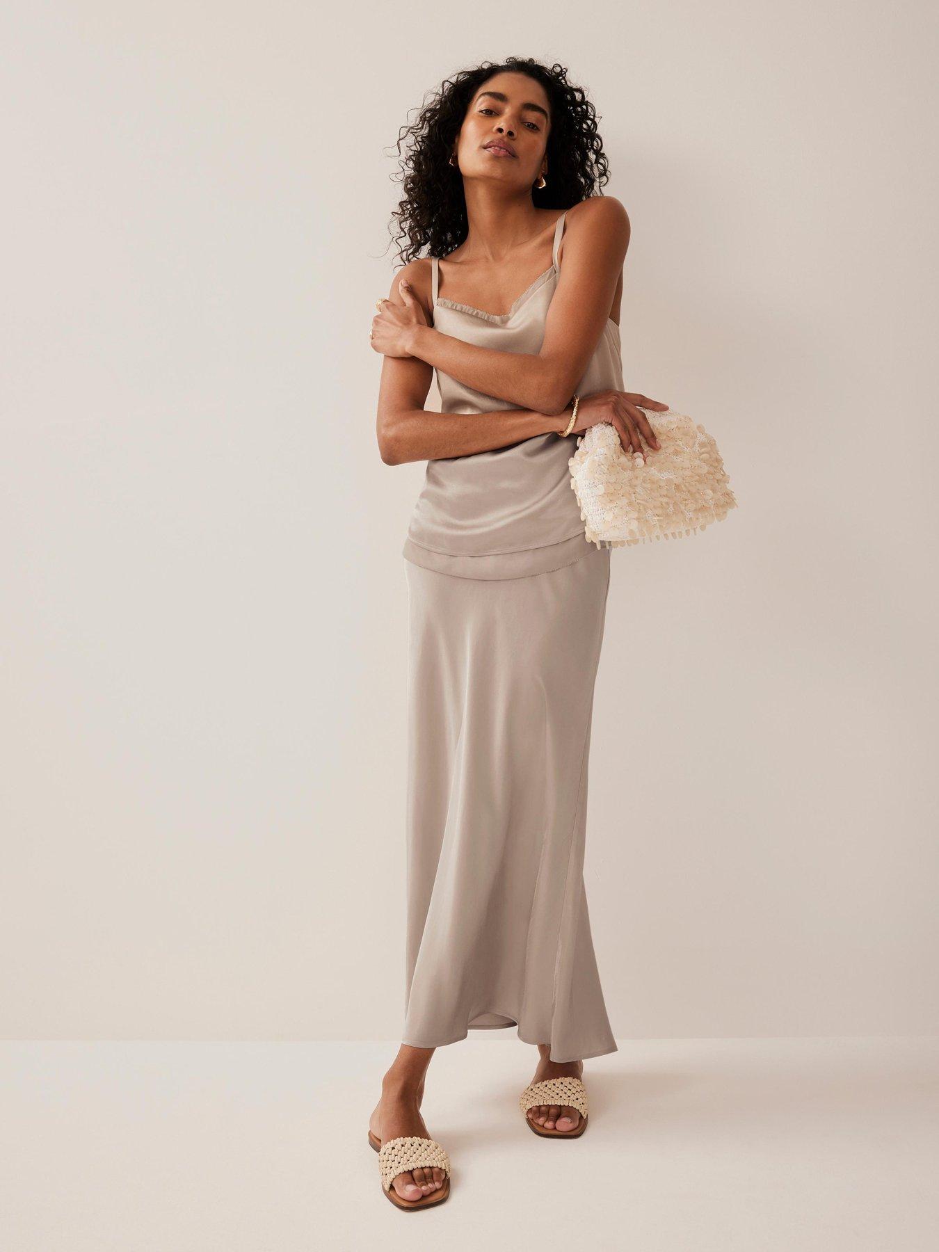 Image 2 of 6 of Mint Velvet Neutral Satin Slip Midi Skirt - White
