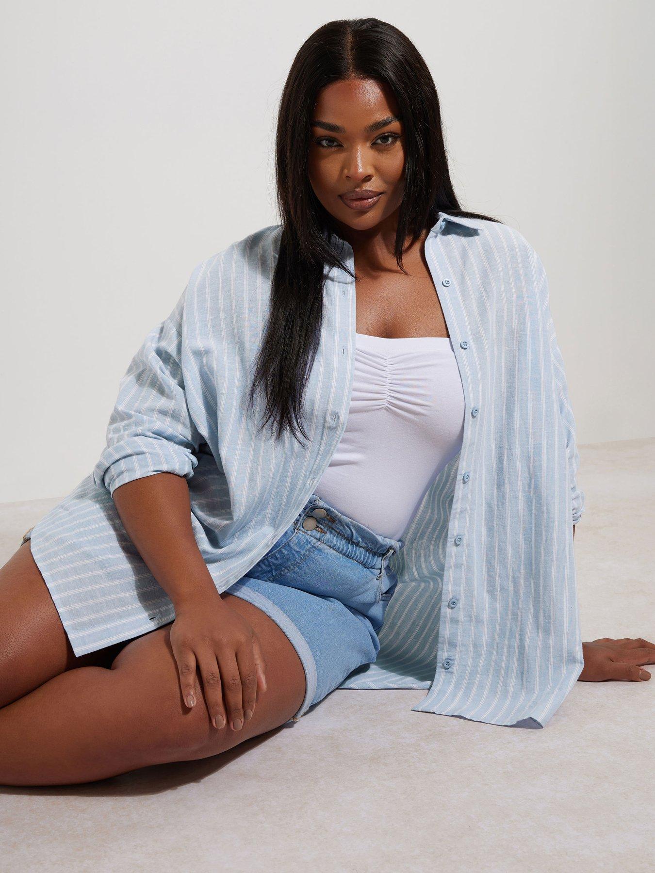 front image of yours-curve-long-sleeve-linen-shirt-blue