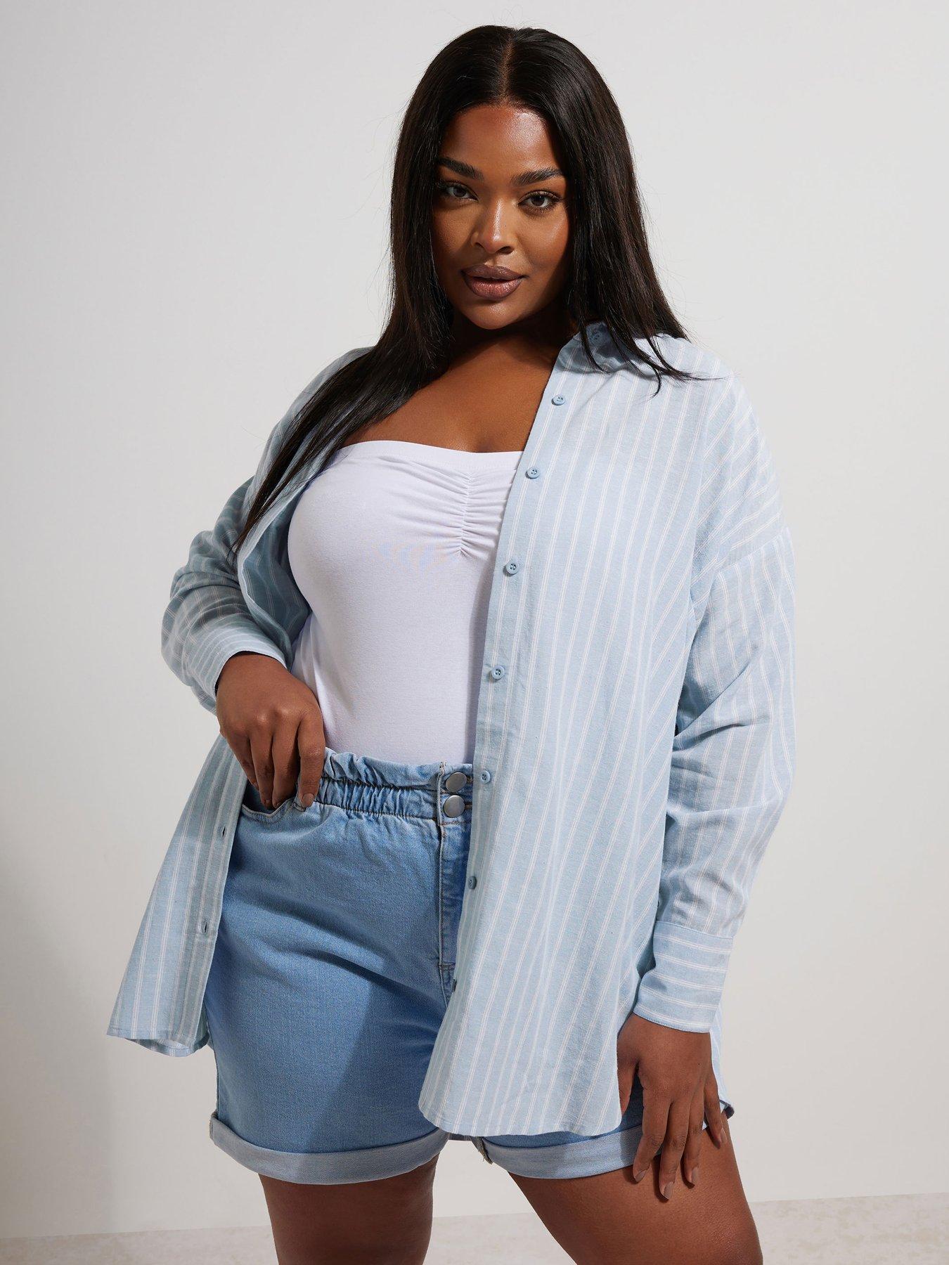  image of yours-curve-long-sleeve-linen-shirt-blue