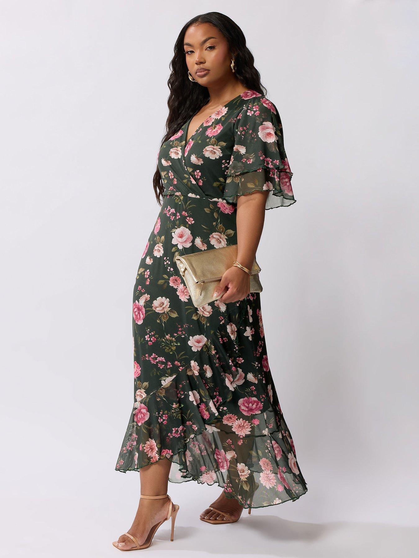 Image 1 of 5 of Yours Curve Wrap Ruffle Mesh Dress - Green