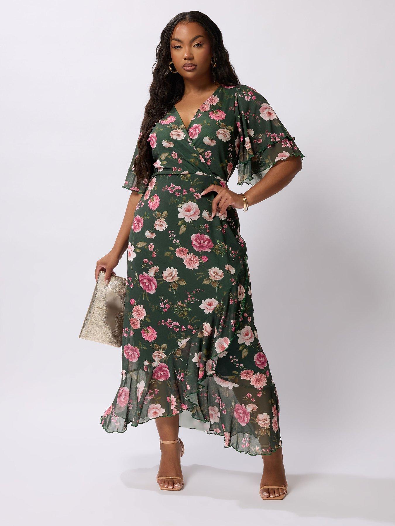 Image 3 of 5 of Yours Curve Wrap Ruffle Mesh Dress - Green