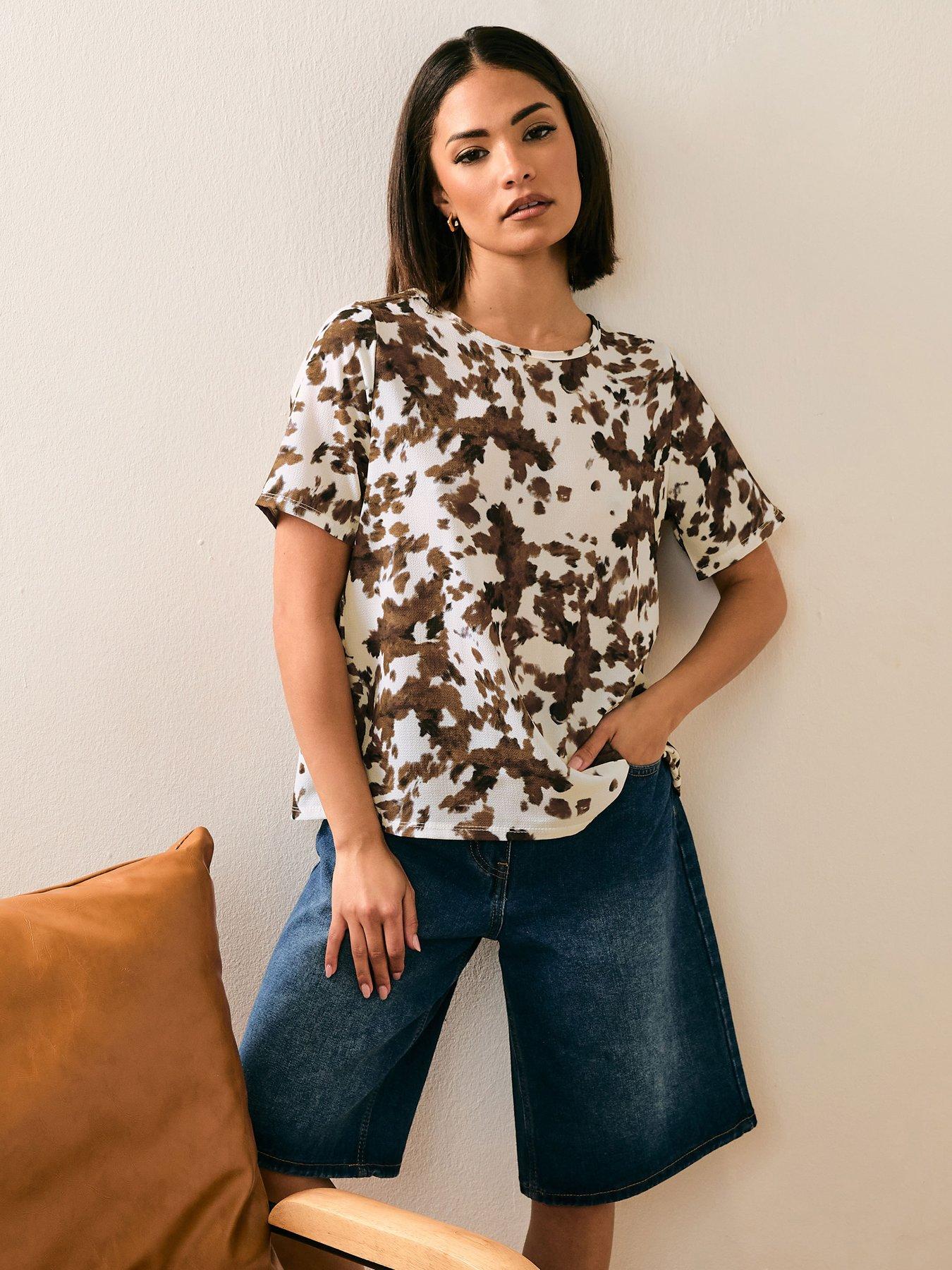 pixiegirl-petite-tie-back-cow-print-top-brown