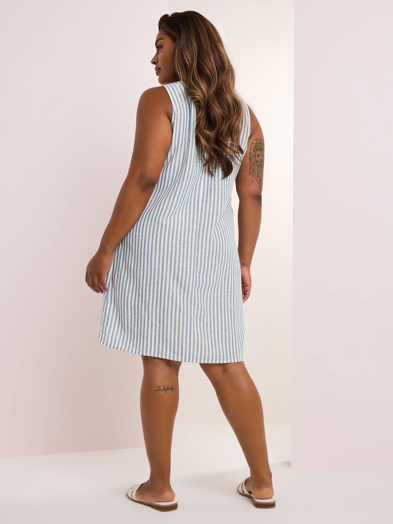 stillFront image of yours-curve-linen-pleat-front-stripe-dress-blue