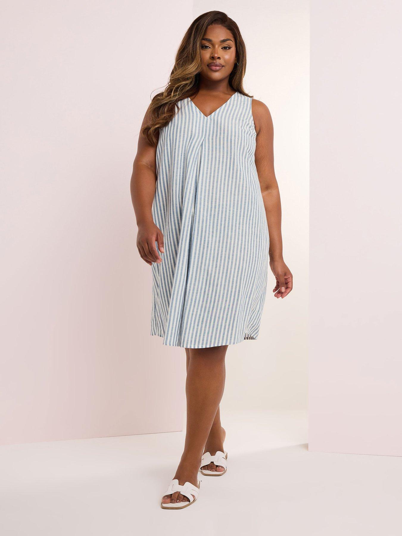  image of yours-curve-linen-pleat-front-stripe-dress-blue