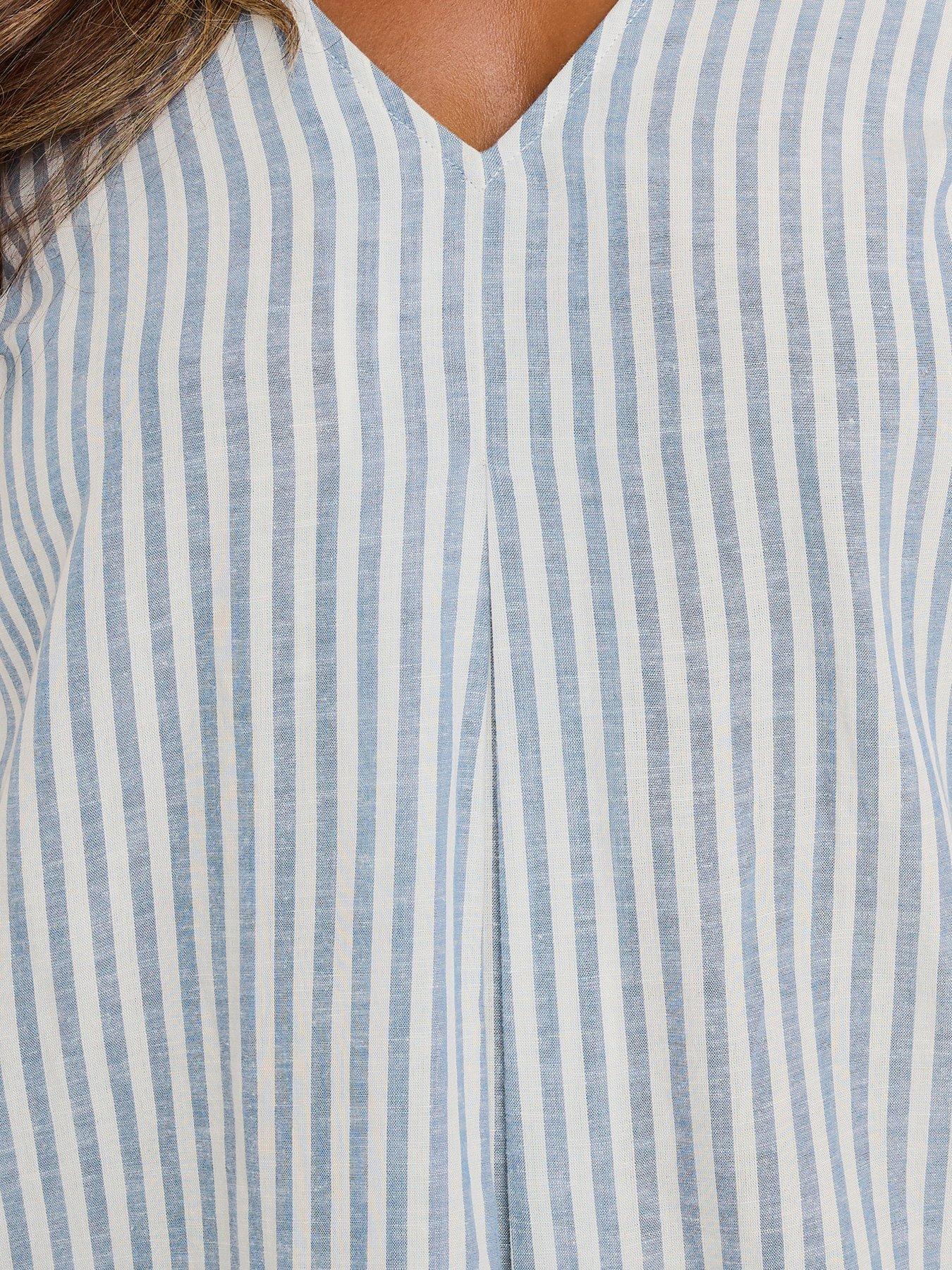  image of yours-curve-linen-pleat-front-stripe-dress-blue