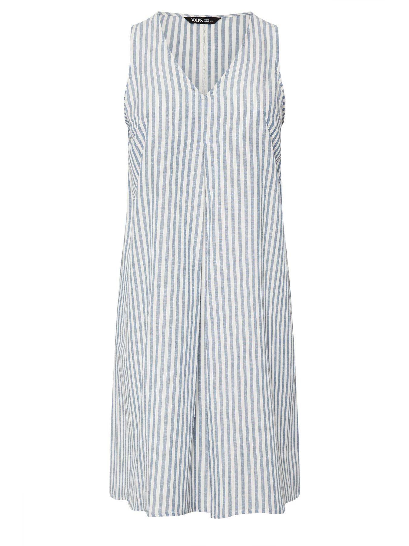  image of yours-curve-linen-pleat-front-stripe-dress-blue