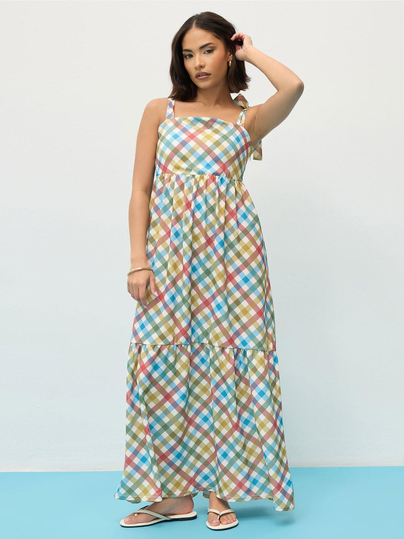 front image of pixiegirl-petite-gingham-shoulder-tie-maxi-dress-red