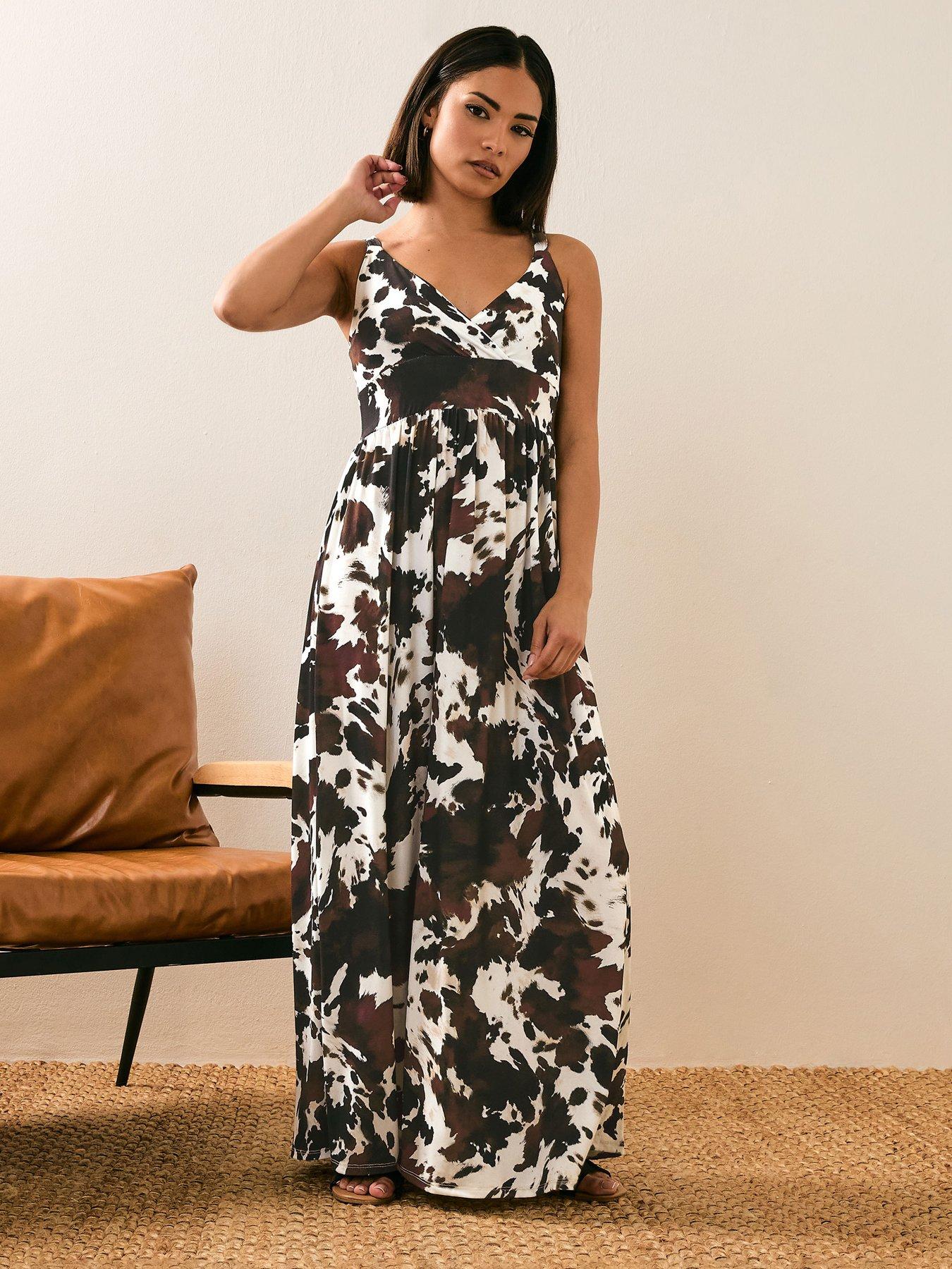  image of pixiegirl-petite-cow-print-maxi-dress-brown