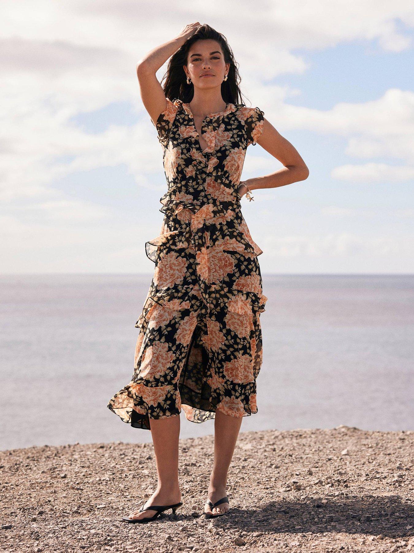 Mint Velvet Floral Print Midi Dress - Orange | Littlewoods