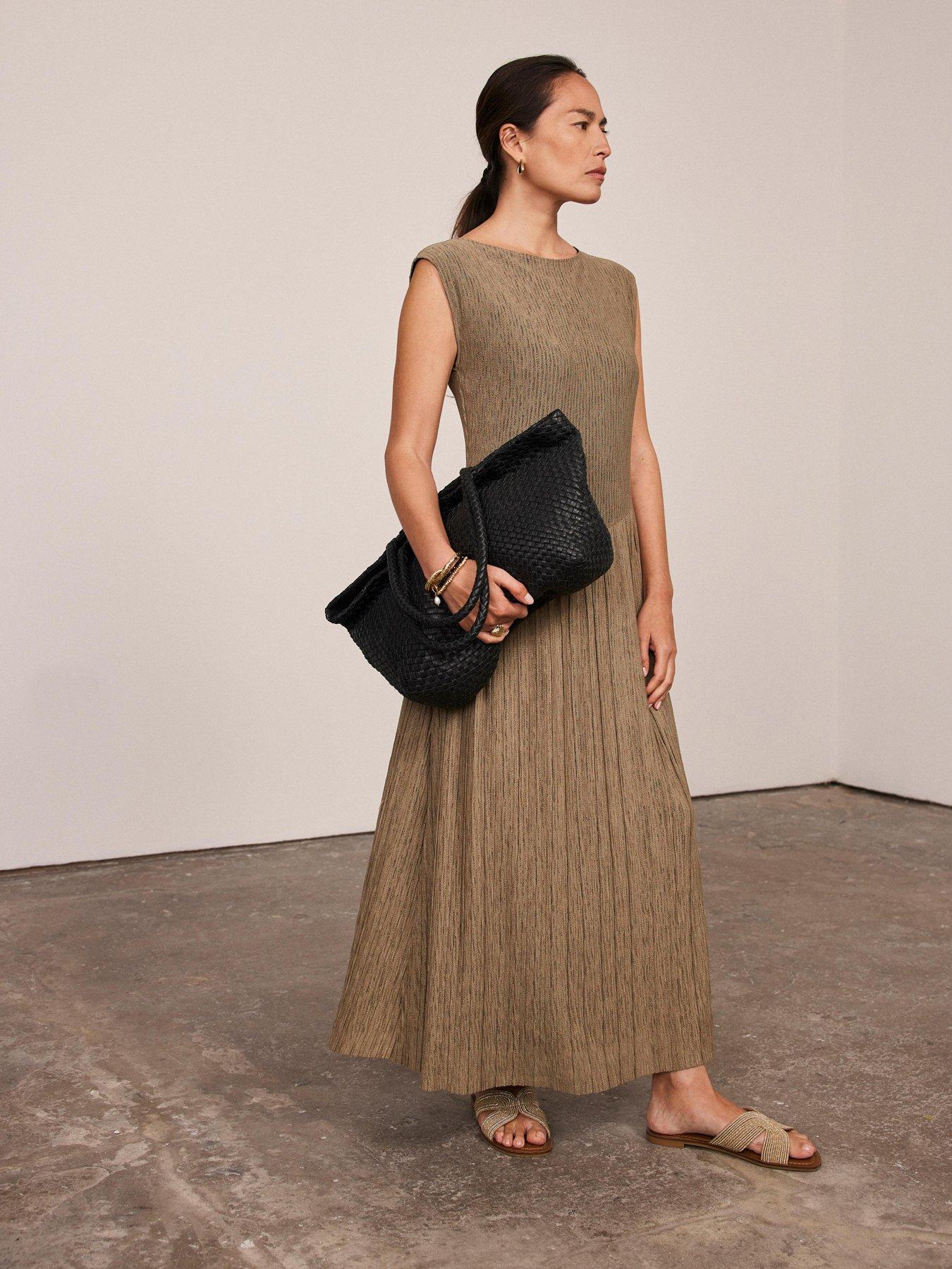 Image 2 of 6 of Mint Velvet Pleated Skirt Jersey Dress - Brown