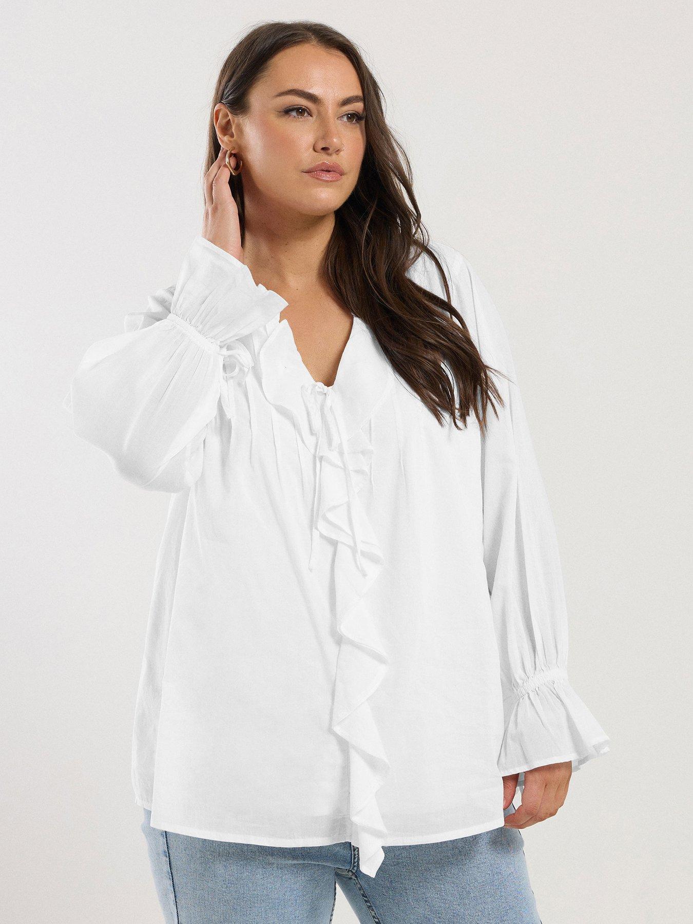 front image of yours-curve-ruffle-poet-blouse-white
