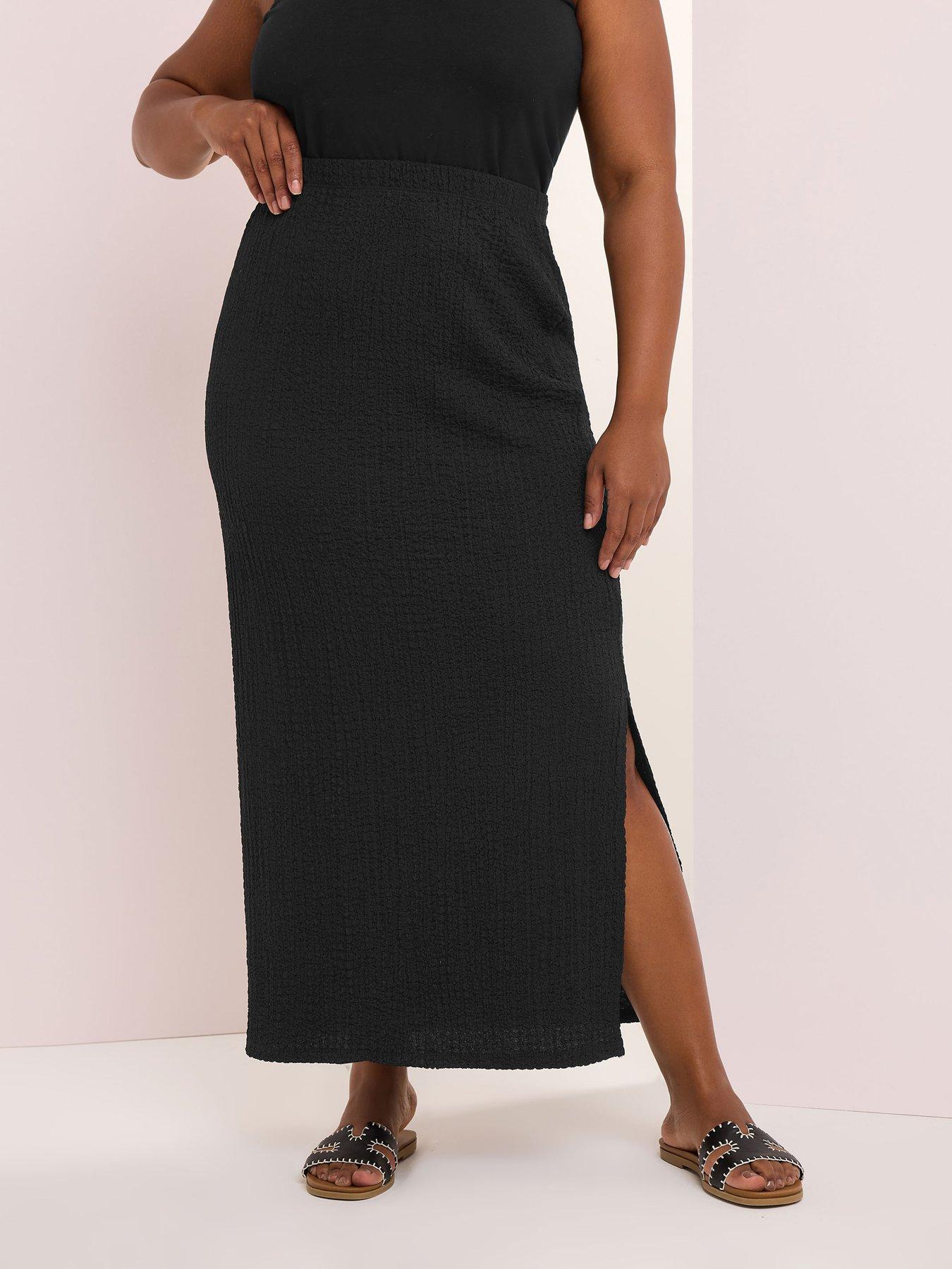 yours-curve-textured-side-split-skirt-black