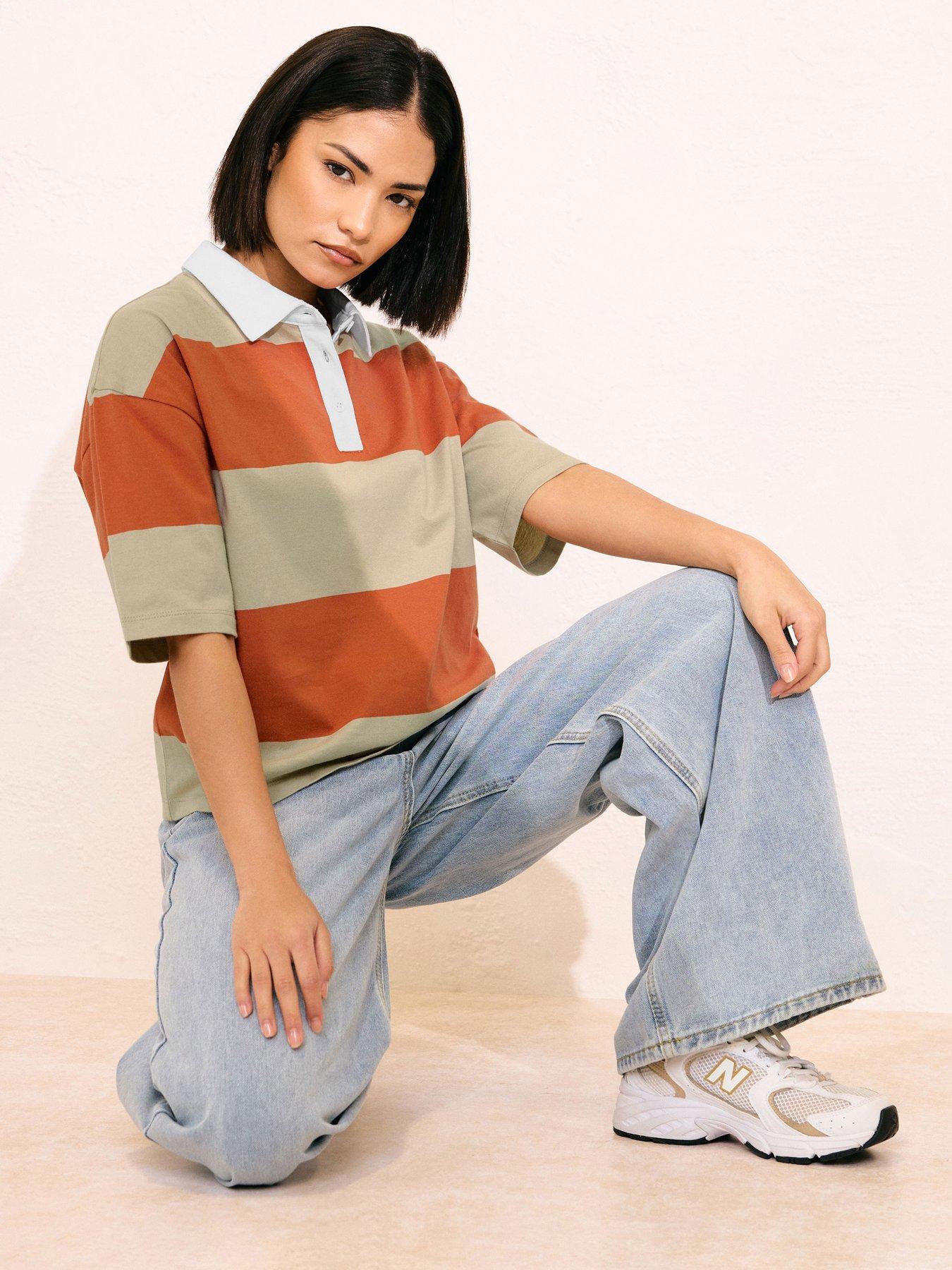 undefined Petite Short Sleeve Stripe Rugby Shirt - Orange