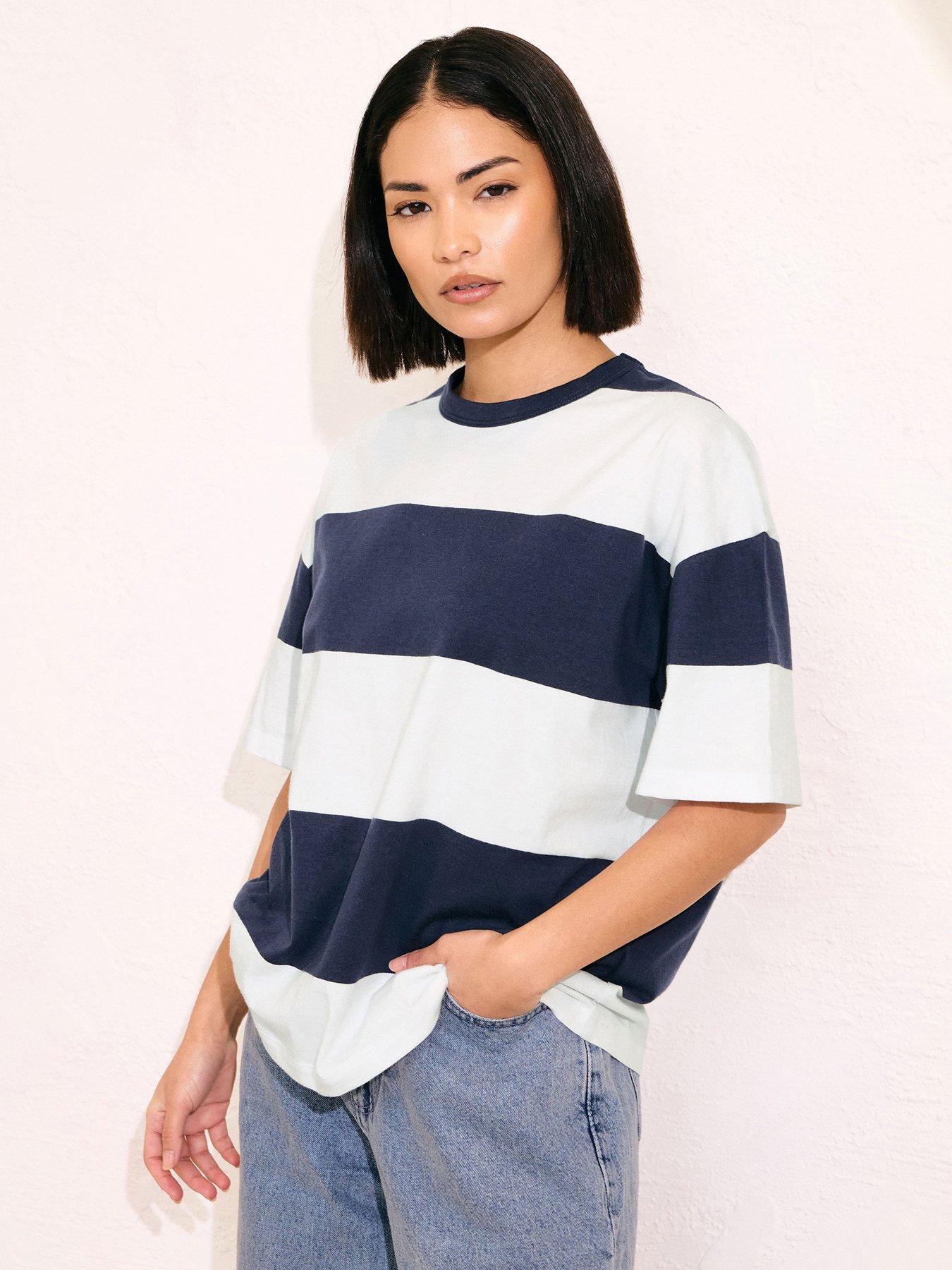 front image of pixiegirl-petite-stripe-boxy-t-shirt-blue