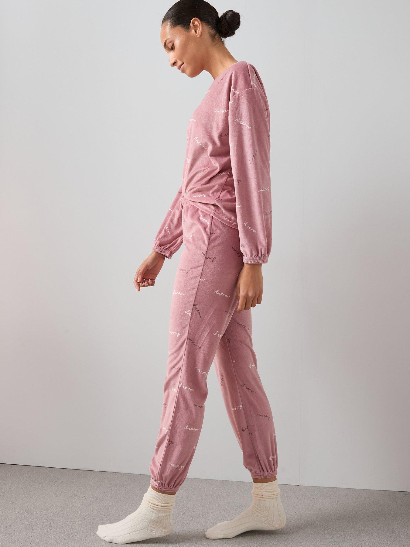  image of the-very-collection-aop-fleece-love-top-and-jogger-loungewear-set-pink