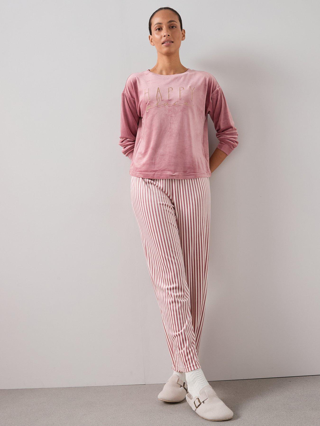 The Very Collection Slogan Sweat And Stripe Fleece Bottom Pyjama Set - Pink