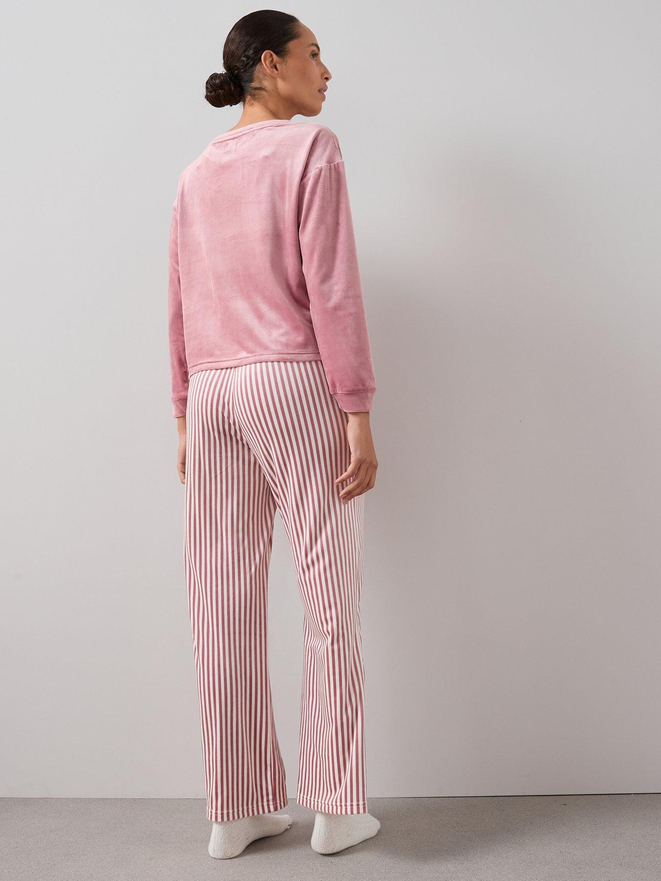 Image 2 of 6 of The Very Collection Slogan Sweat And Stripe Fleece Bottom Pj Set - Red