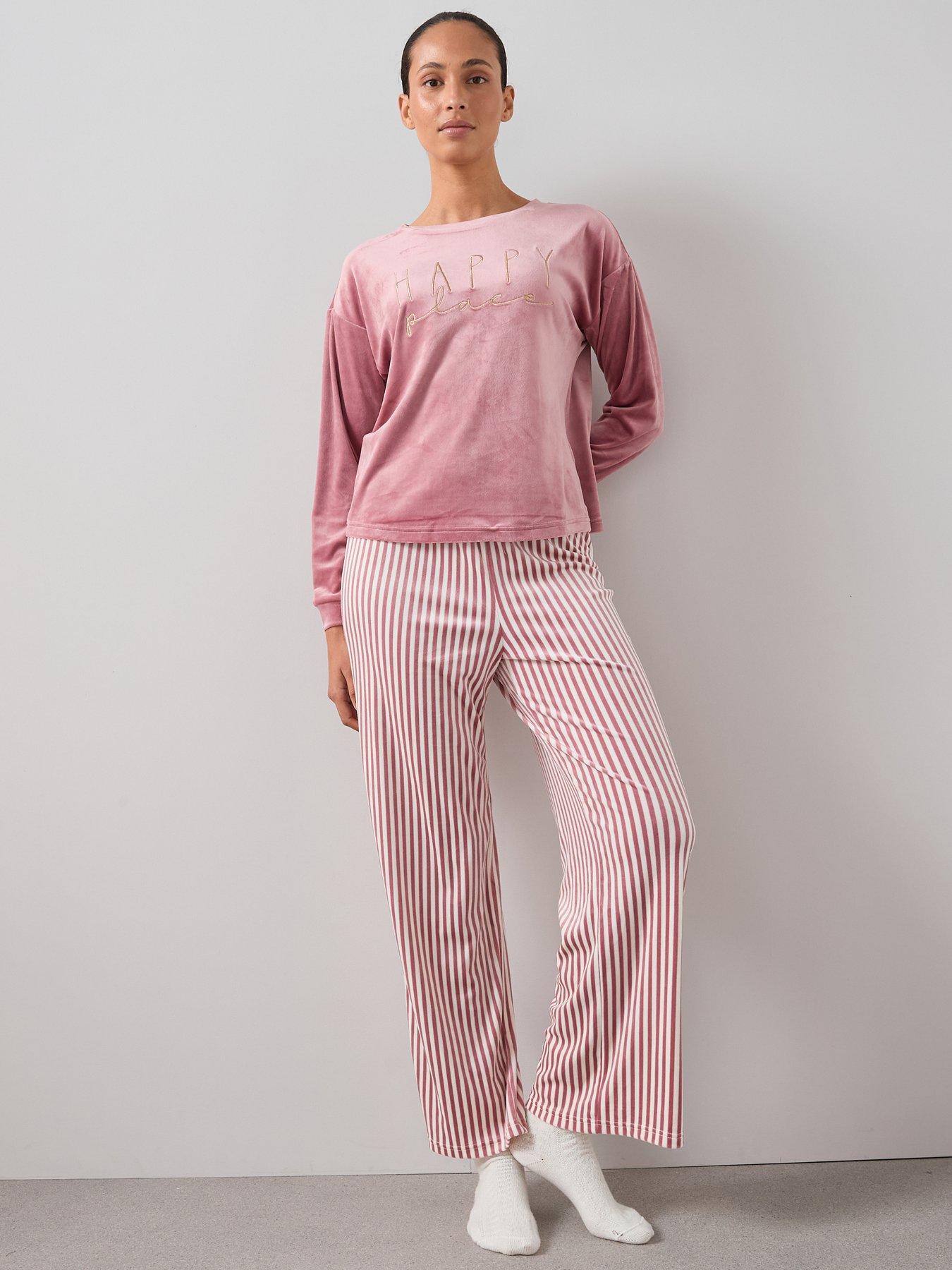 Image 3 of 6 of The Very Collection Slogan Sweat And Stripe Fleece Bottom Pj Set - Red