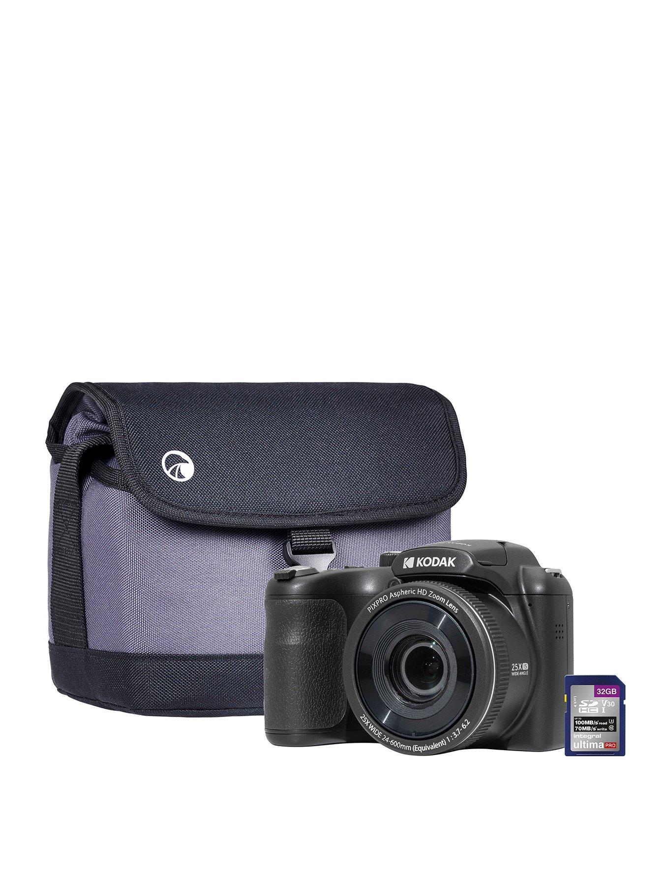 front image of kodak-pixpro-az255-16mp-25x-astro-zoom-bridge-camera-black-camera-32gb-sd-card-case