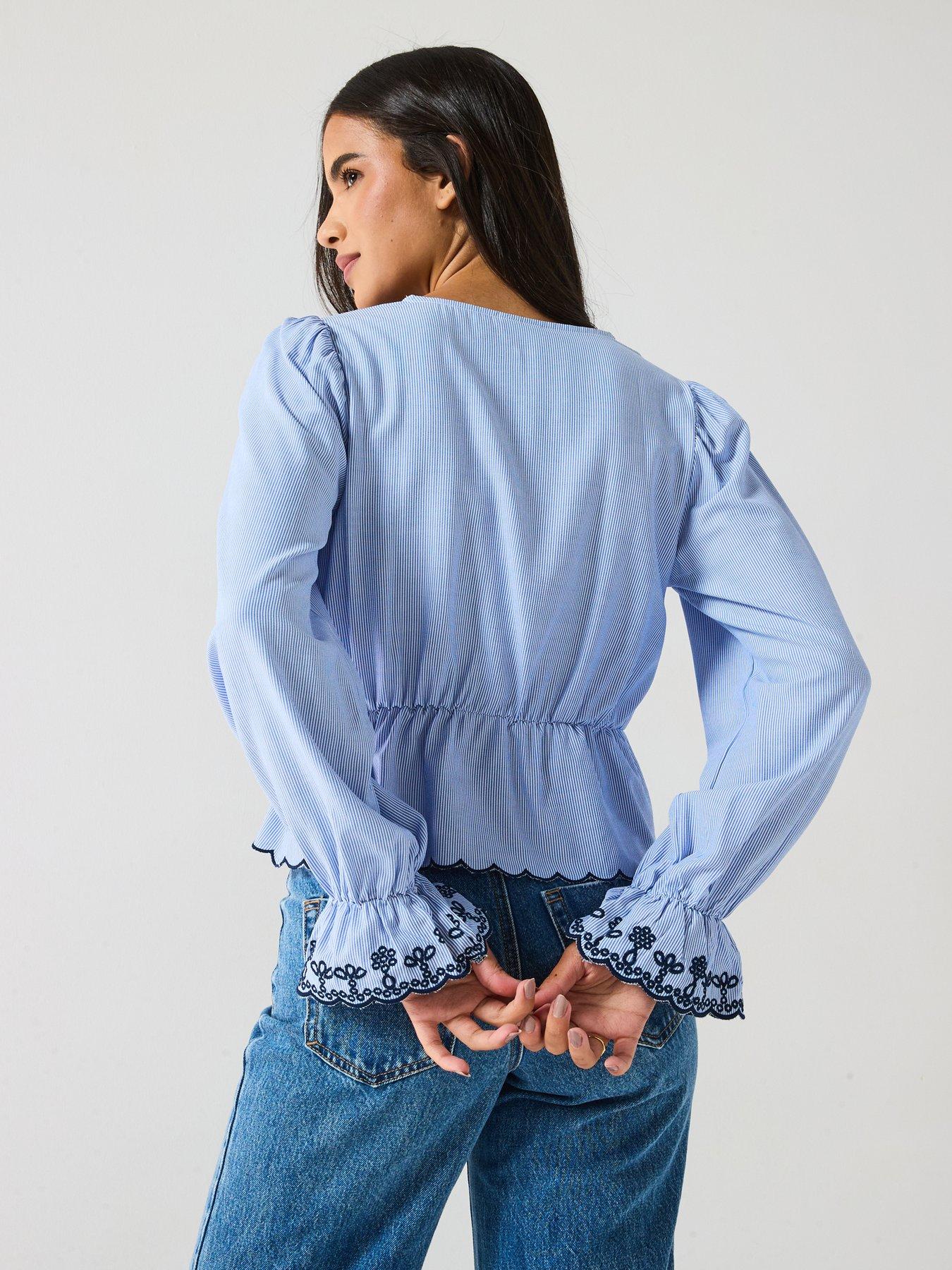 Bluelea ブルレア　Lacy long Tee JDY Savannah Long Sleeve Embroidered Tie Top - Blue | Littlewoods