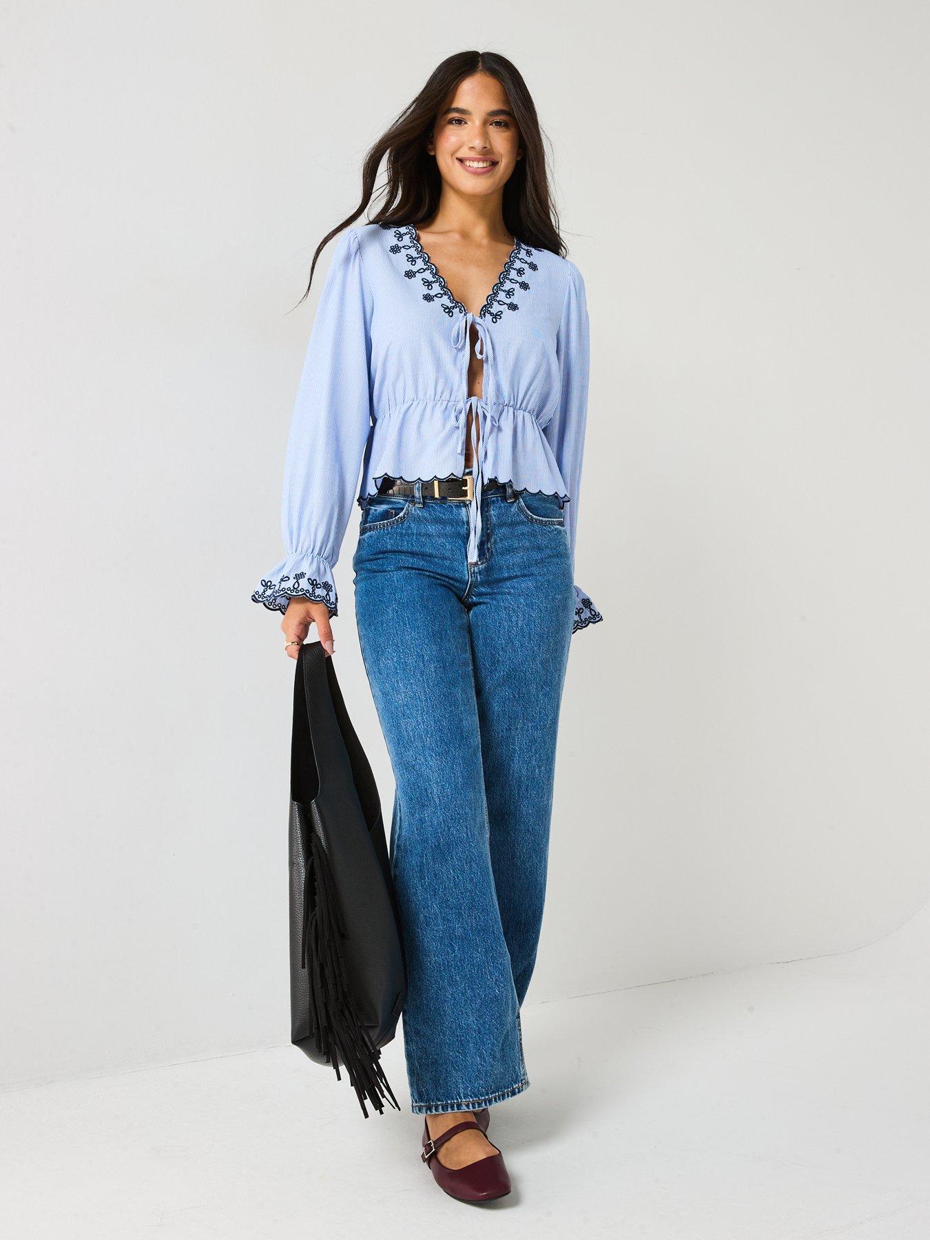 JDY Savannah Long Sleeve Embroidered Tie Top - Blue | Littlewoods