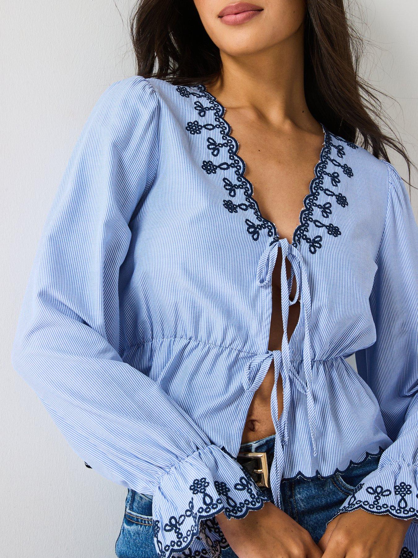 JDY Savannah Long Sleeve Embroidered Tie Top - Blue | Littlewoods