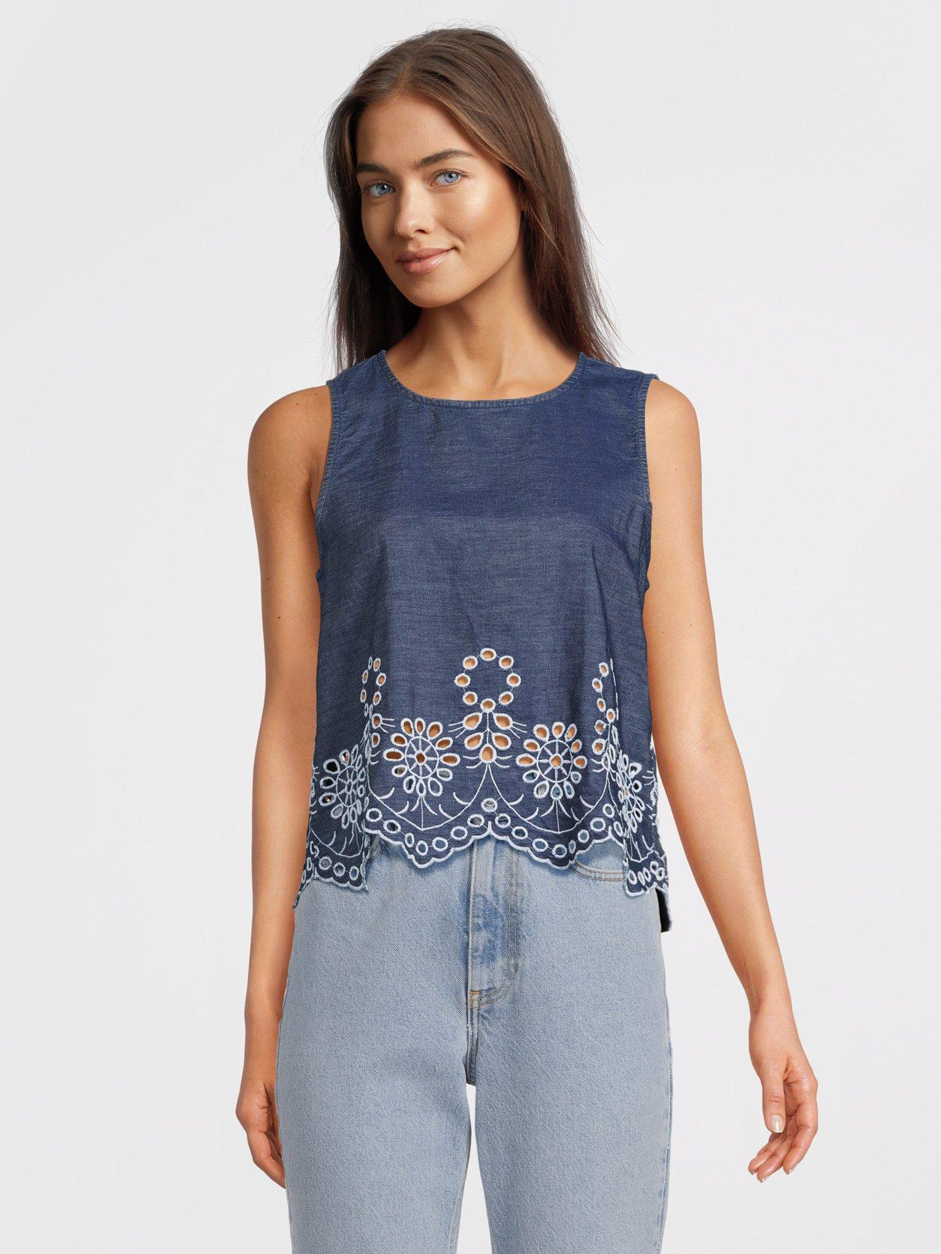 undefined Margot Sleeveless Woven Embroidery Top - Blue