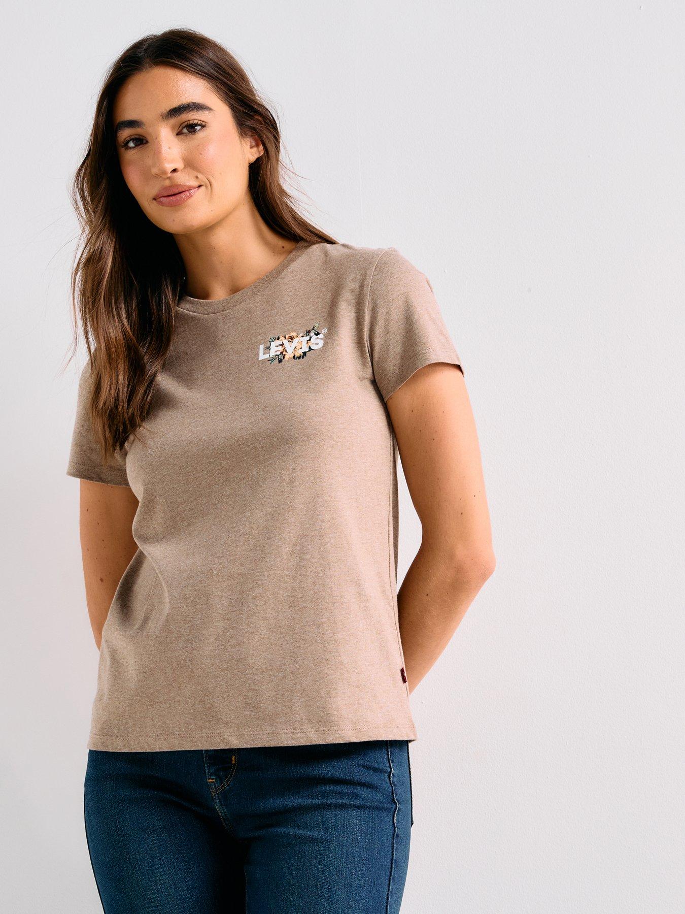 front image of levis-perfect-t-shirt-hummingbird-hl-logo-taupe-gray-heather-beige