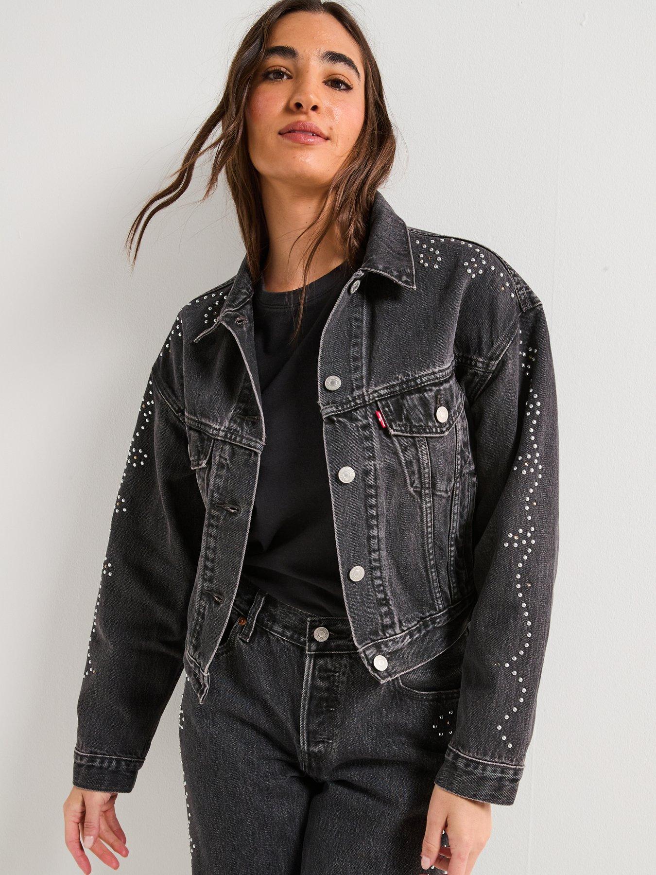 undefined Shrunken 90s Trucker Jacket - Bejeweled Trucker - Black