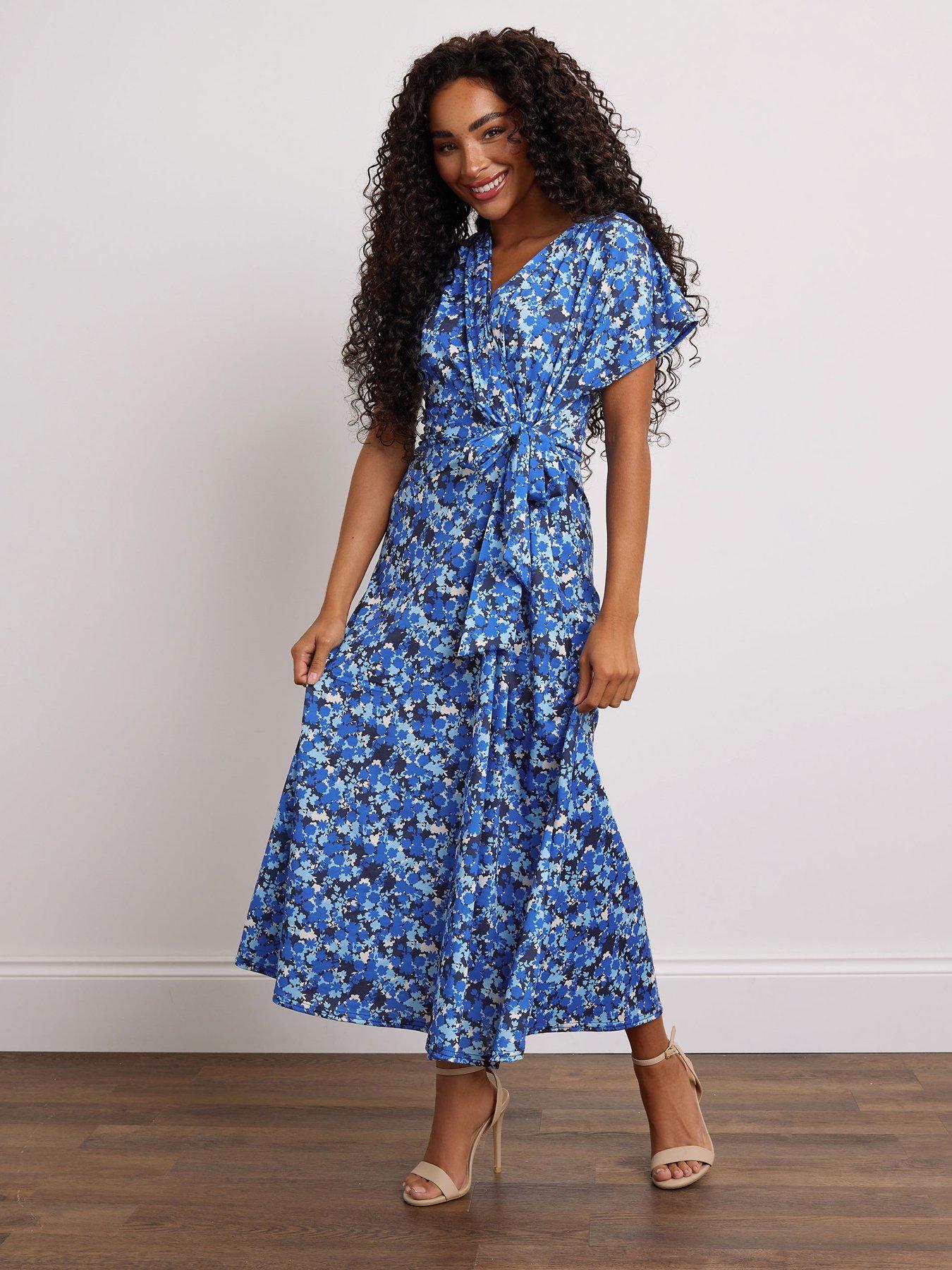front image of mco-petite-floral-side-twist-dress-blue