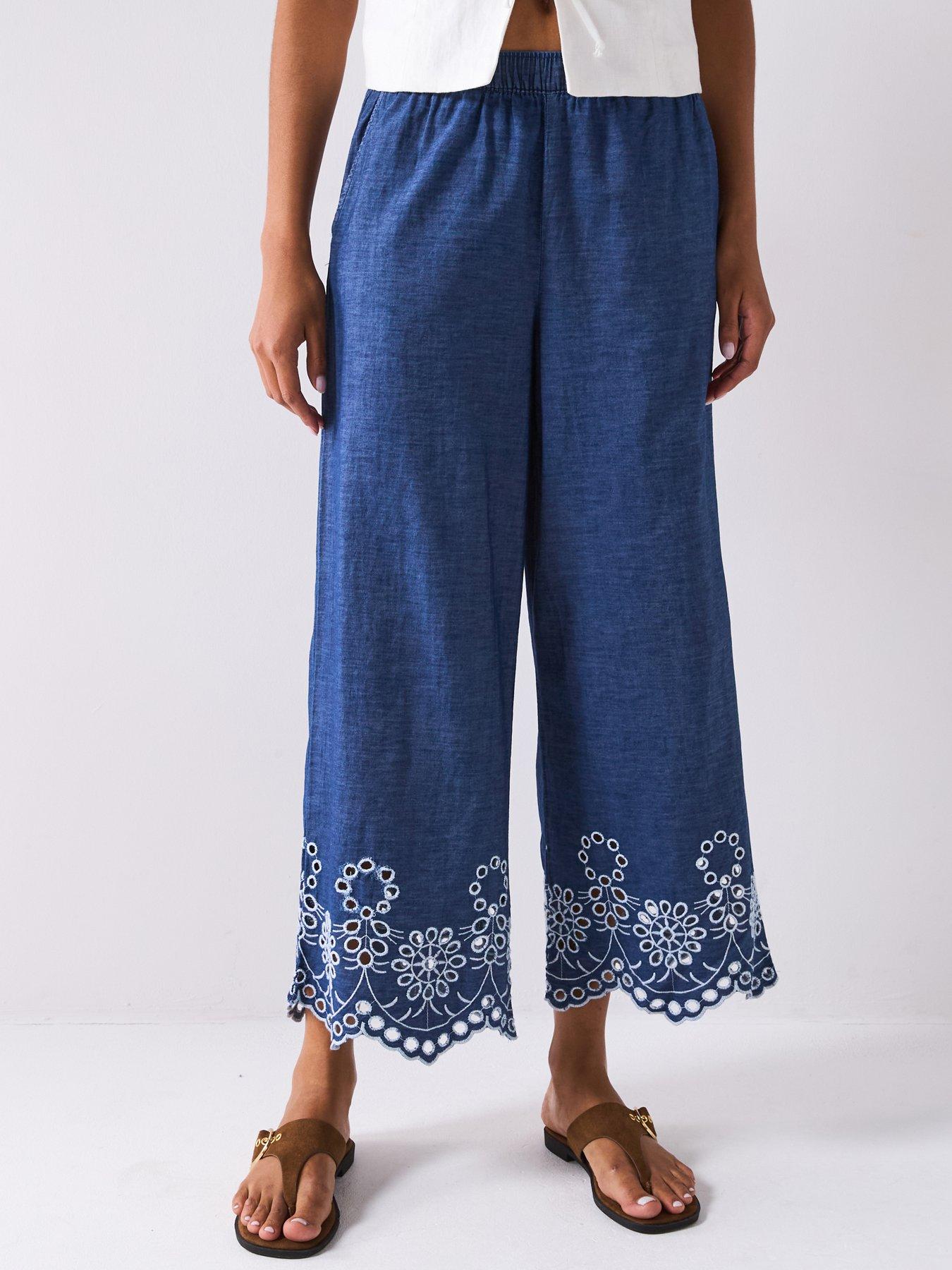 JDY Margot High Waist Embroidery Ankle Pant - Blue