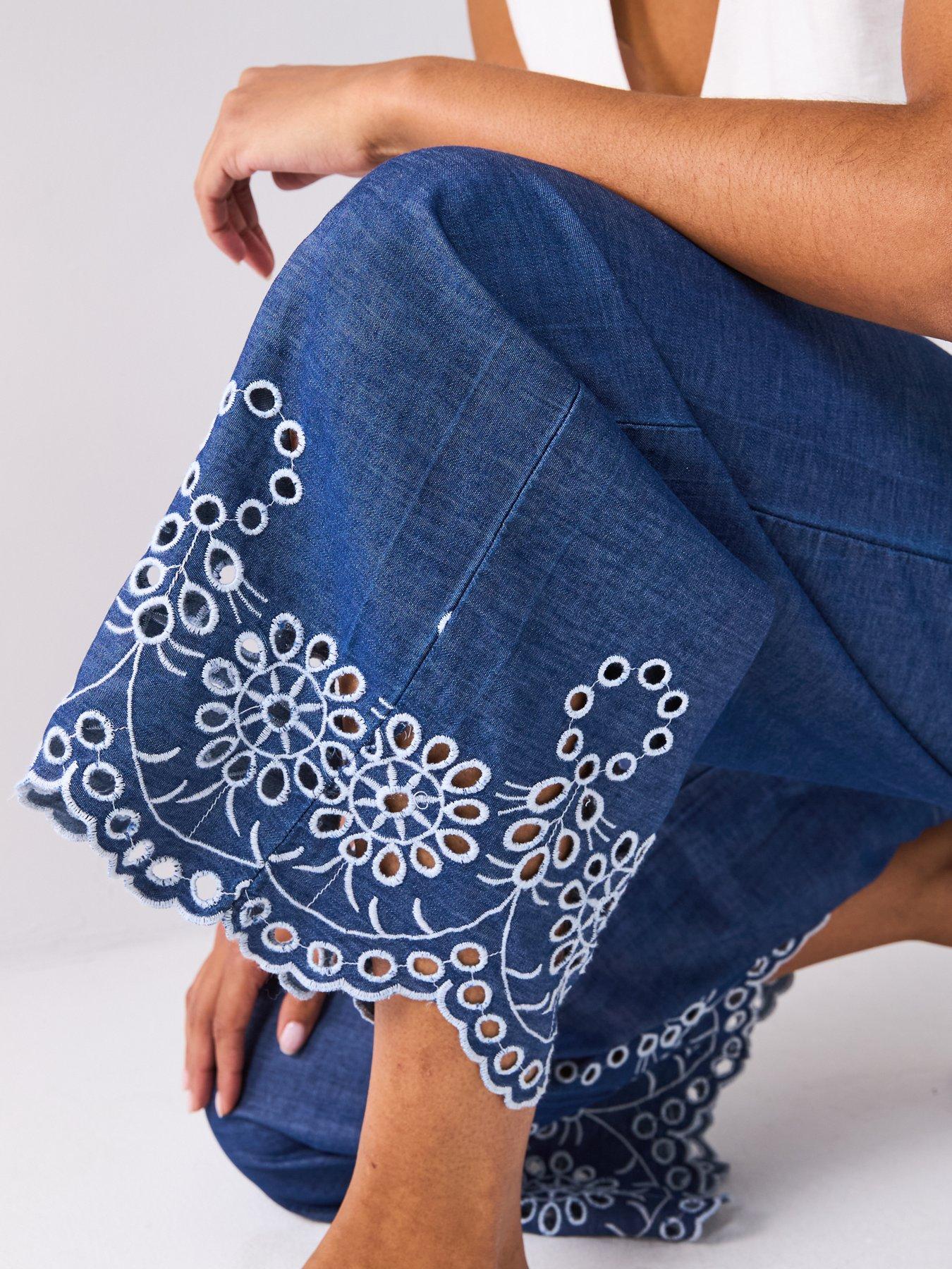  image of jdy-margot-high-waist-embroidery-ankle-pant-blue