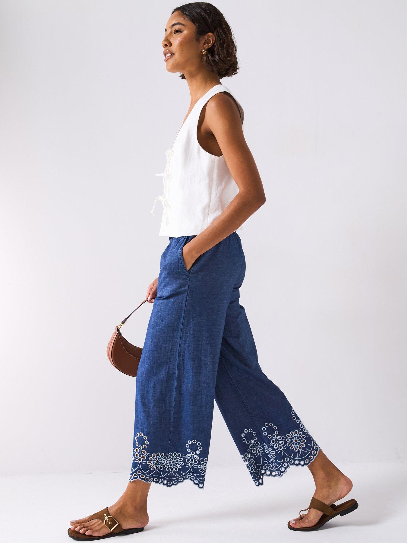  image of jdy-margot-high-waist-embroidery-ankle-pant-blue