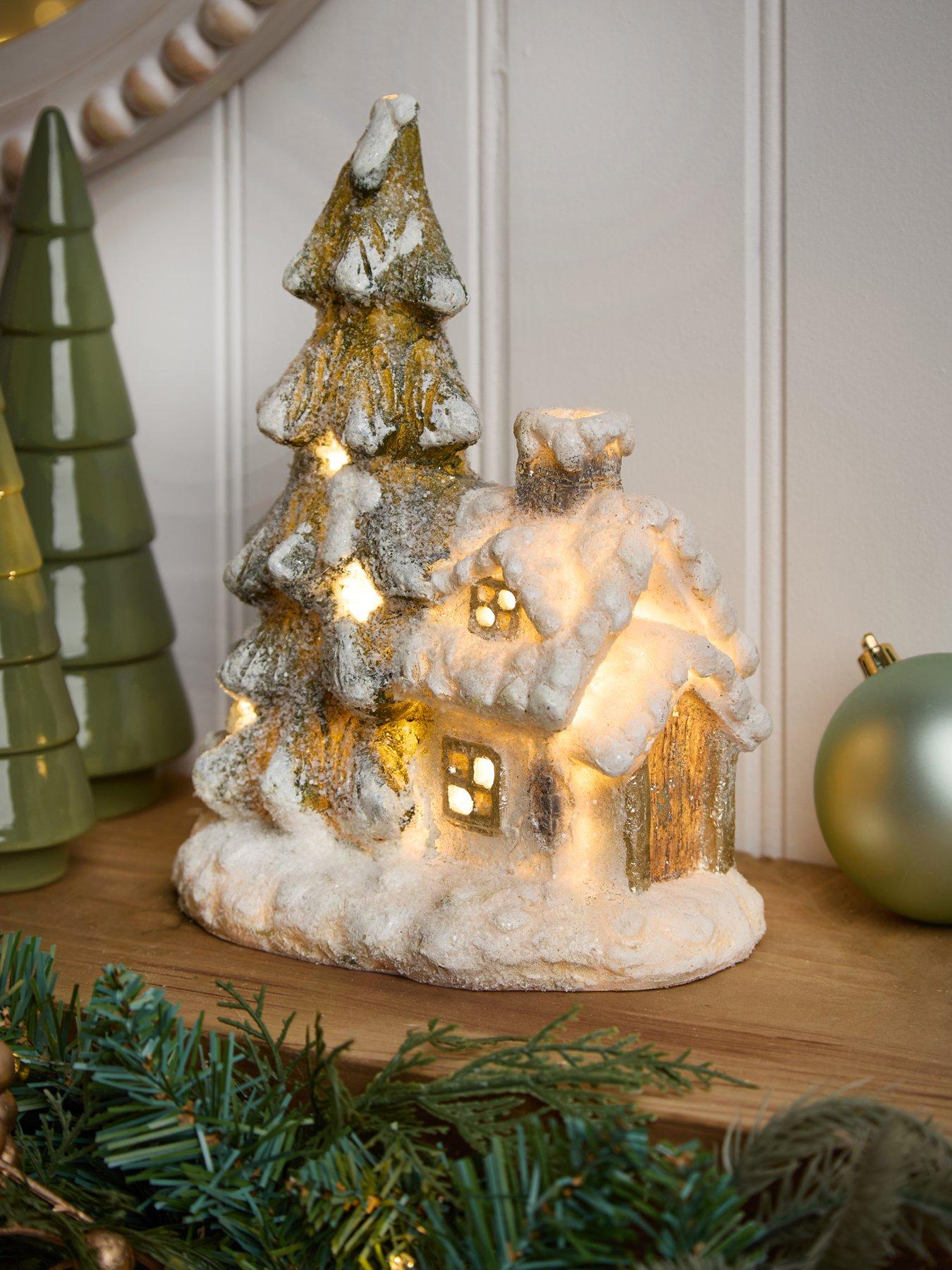 Festive 27 cm Lit Snowy House and Tree Christmas Decoration