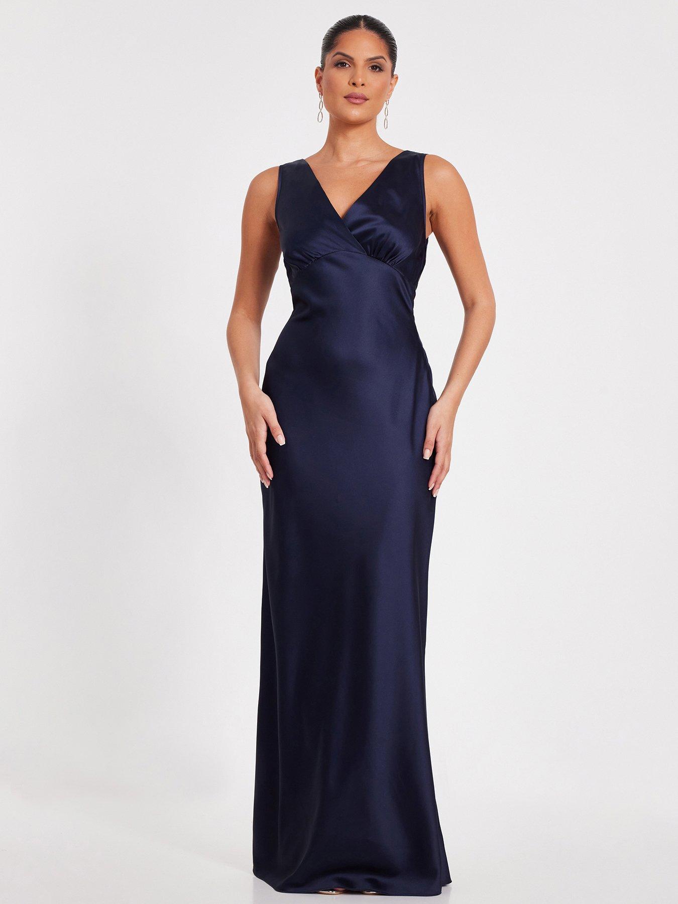 undefined Navy Satin Front Wrap Maxi Dress