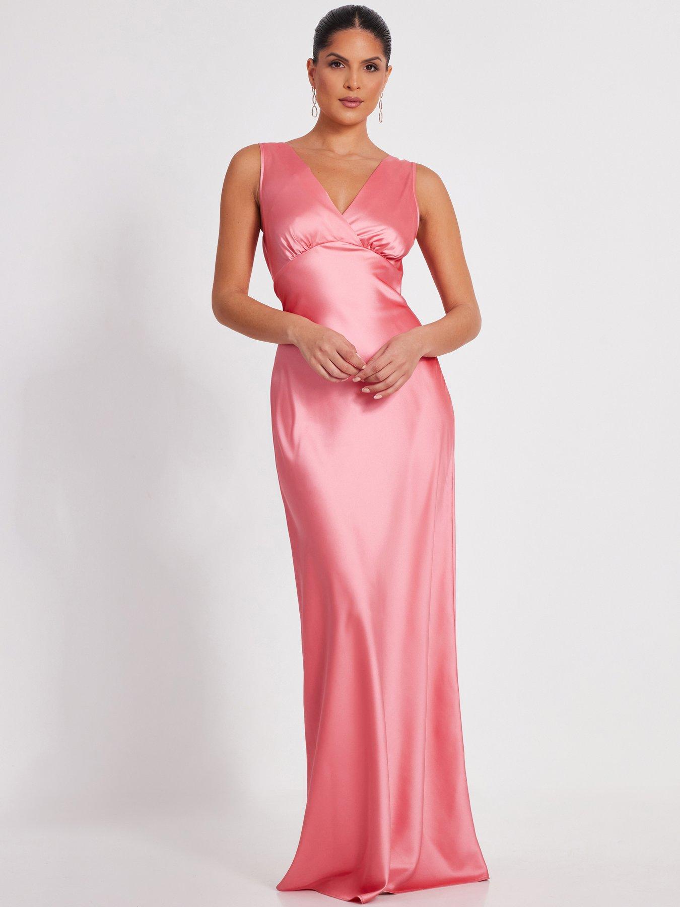 undefined Coral Satin Front Wrap Maxi Dress