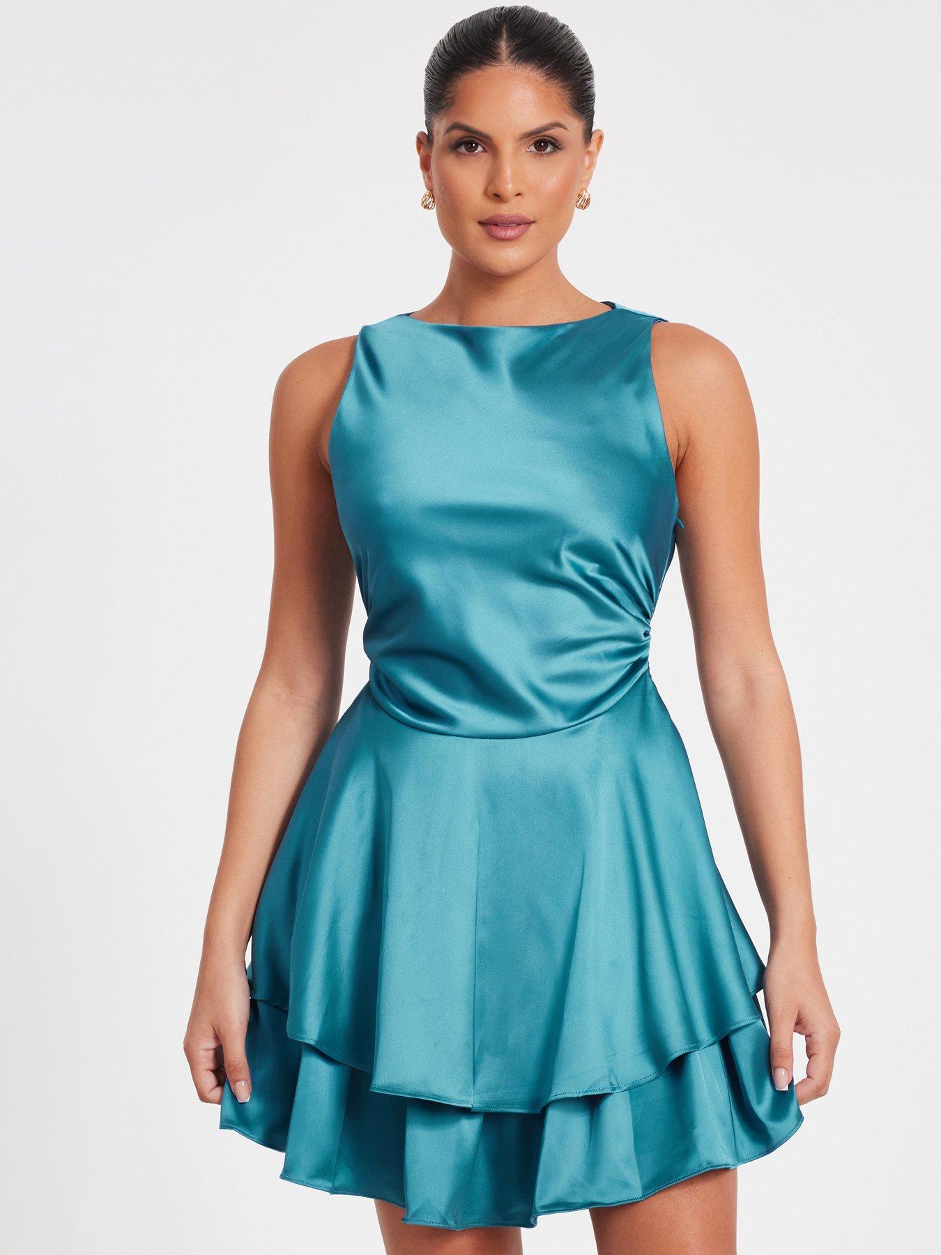 quiz-teal-satin-frill-skater-dress