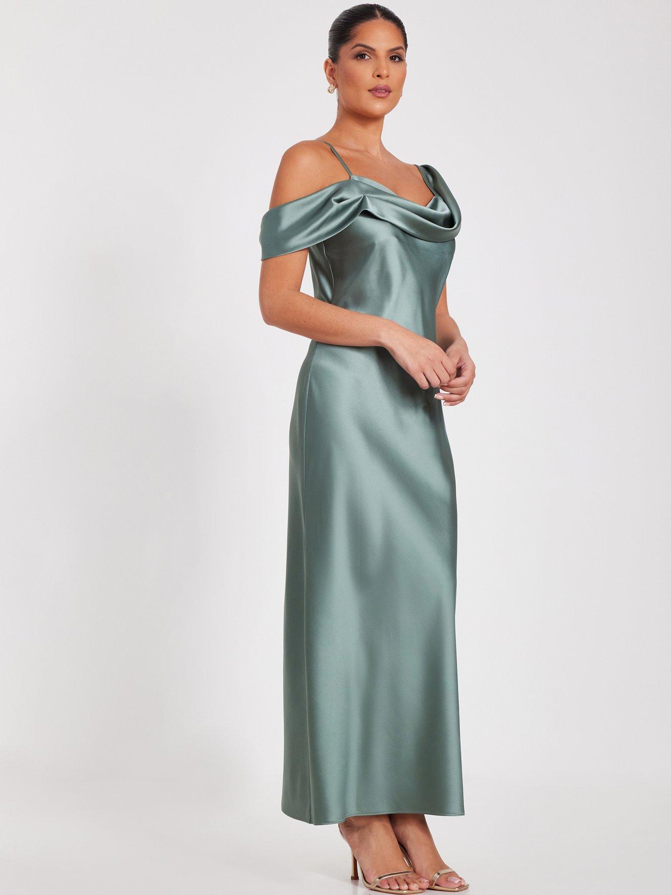 green emerald velvet dress CIDER Mesh Cowl Neck Ruched Split Midi Dress: Green, XXS at Amazon Women's  Clothing store main image 0