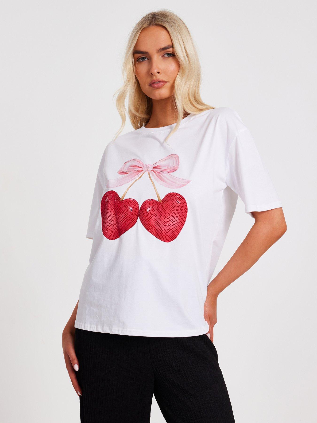  image of quiz-white-cherry-print-boxy-top