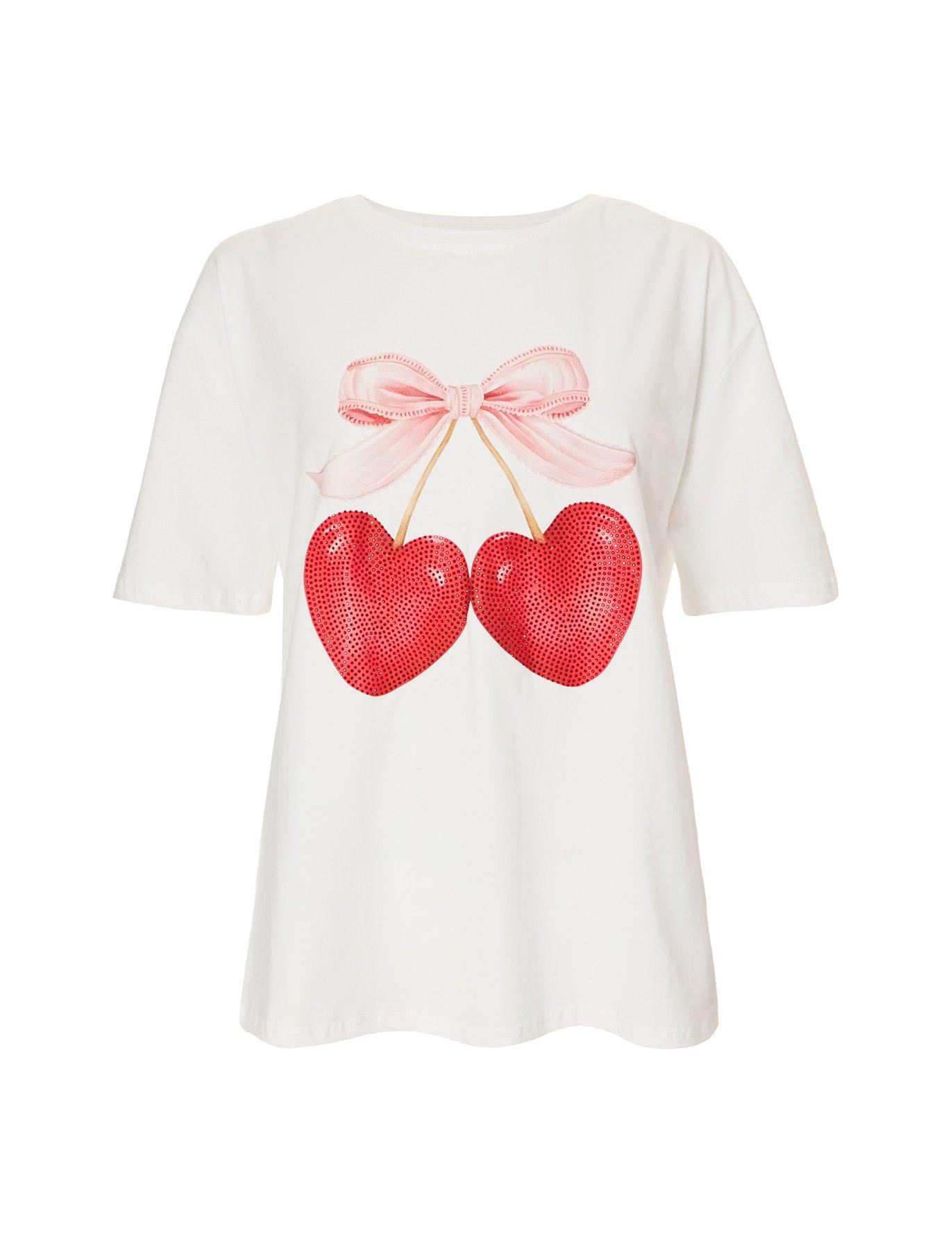 image of quiz-white-cherry-print-boxy-top