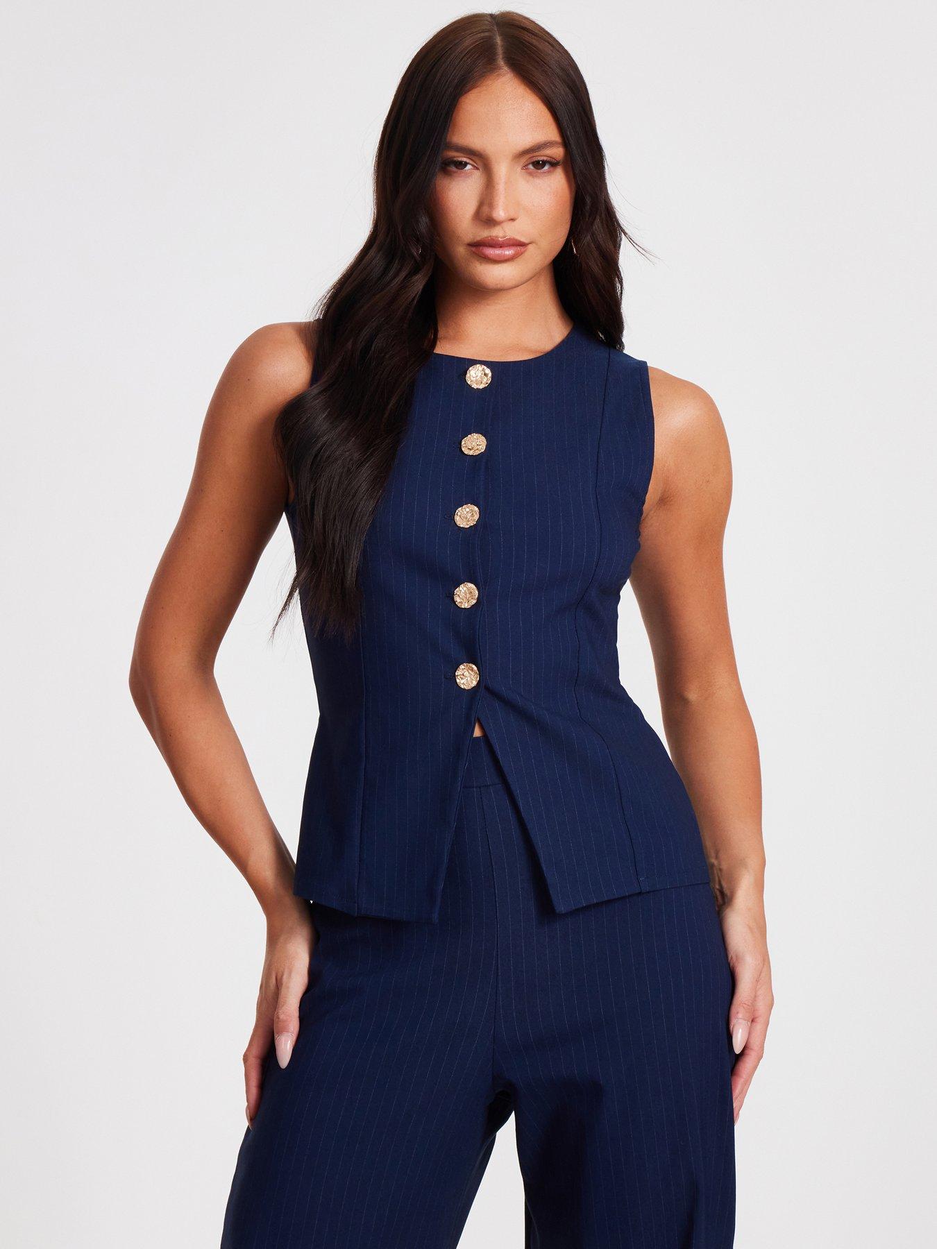  image of quiz-navy-pinstripe-button-front-waistcoat