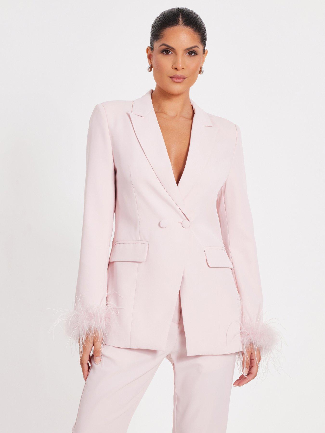  image of quiz-pink-feather-trim-tailored-blazer