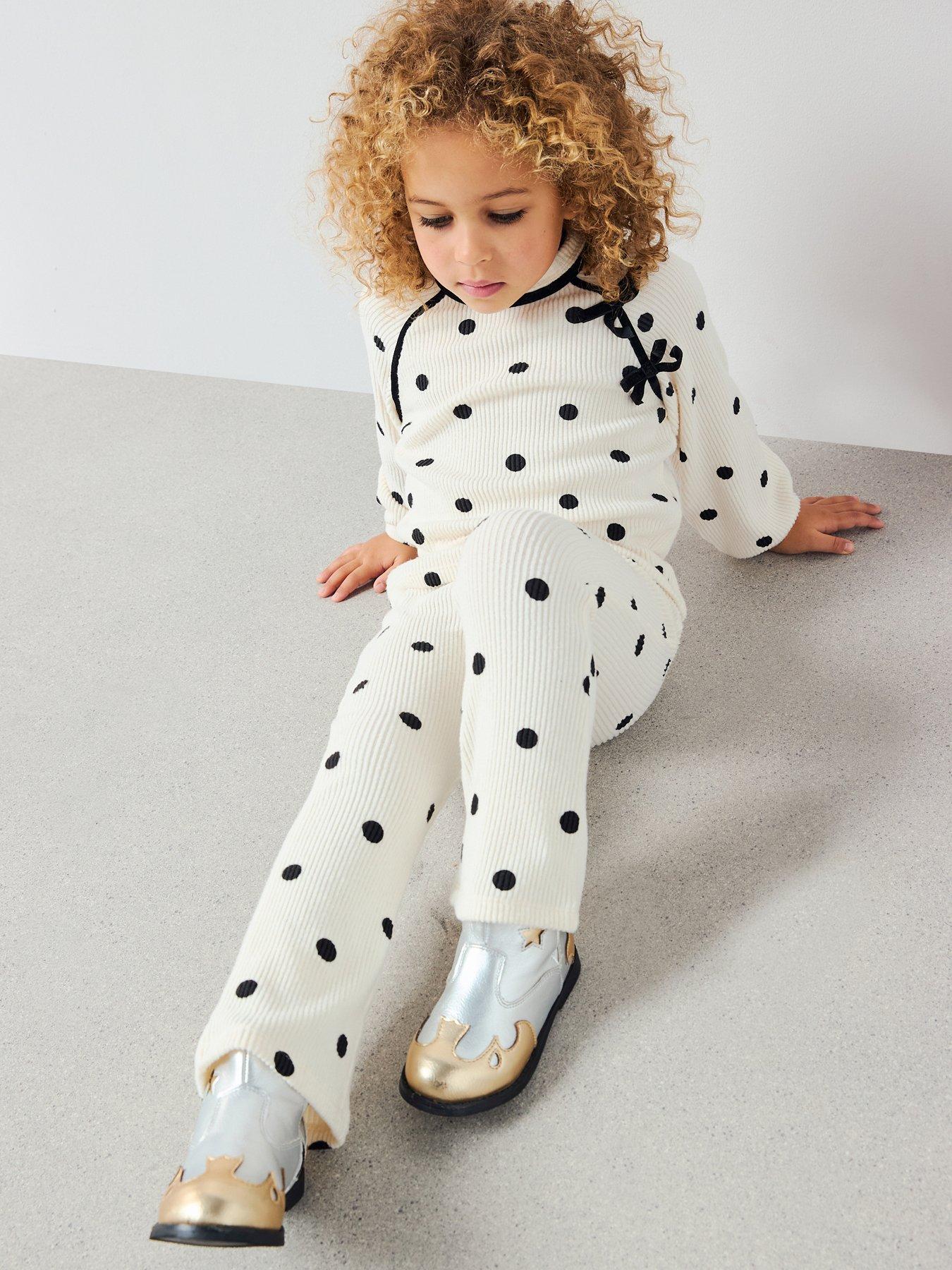 The Very Collection Girls Soft Touch Polka Dot With Velvet Bow Trims Set - Black/White