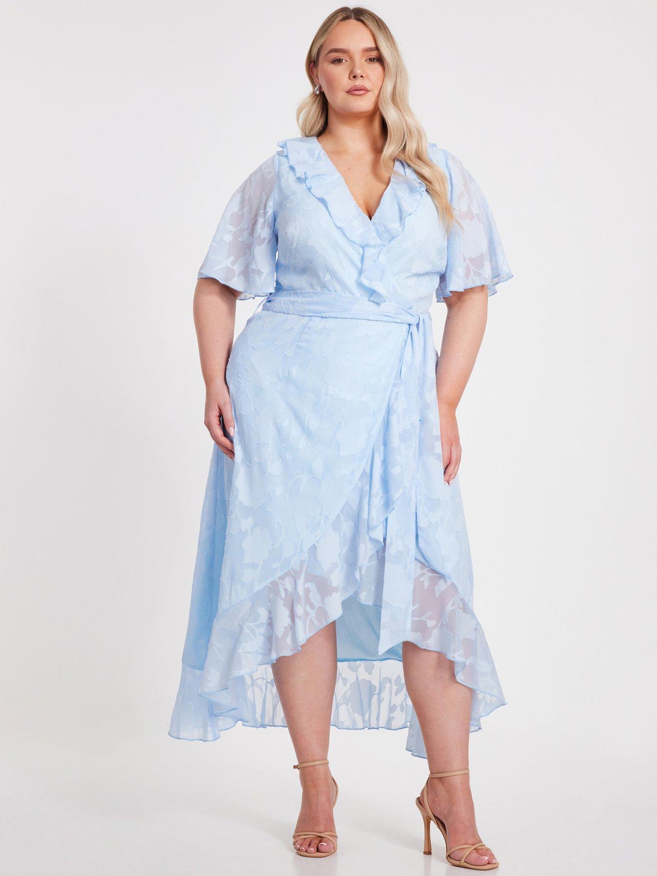 undefined Curve Pale Blue Jacquard Frill Midaxi Dress