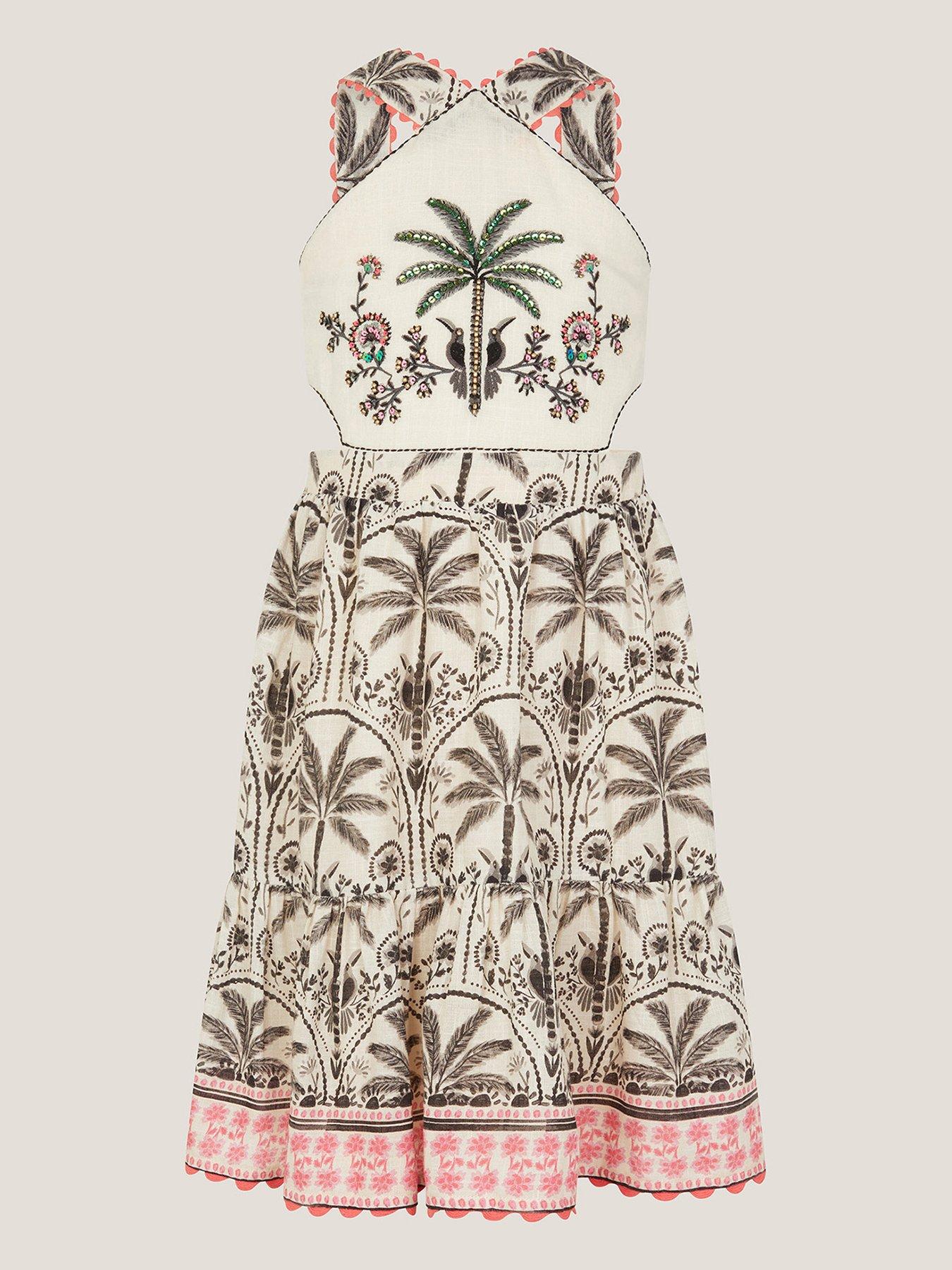 undefined Girls Mono Palm Print Embellished Dress - Light Cream