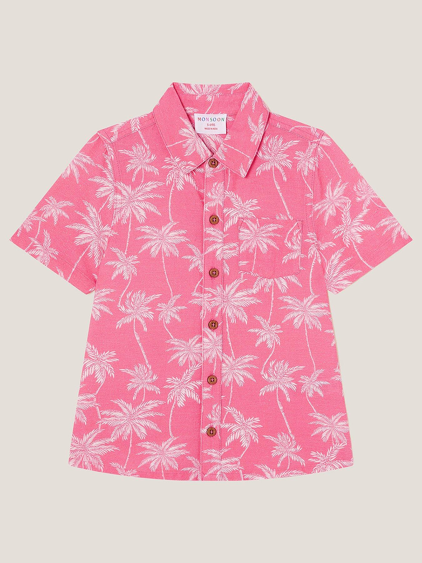 front image of monsoon-boys-palm-print-short-sleeve-shirt-pink
