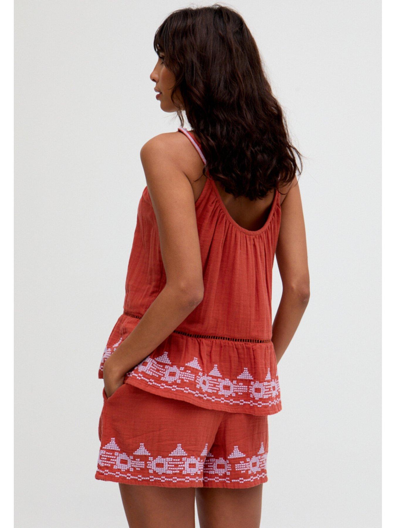  image of raffya-chloe-paperbag-waist-embroidered-short-in-brown