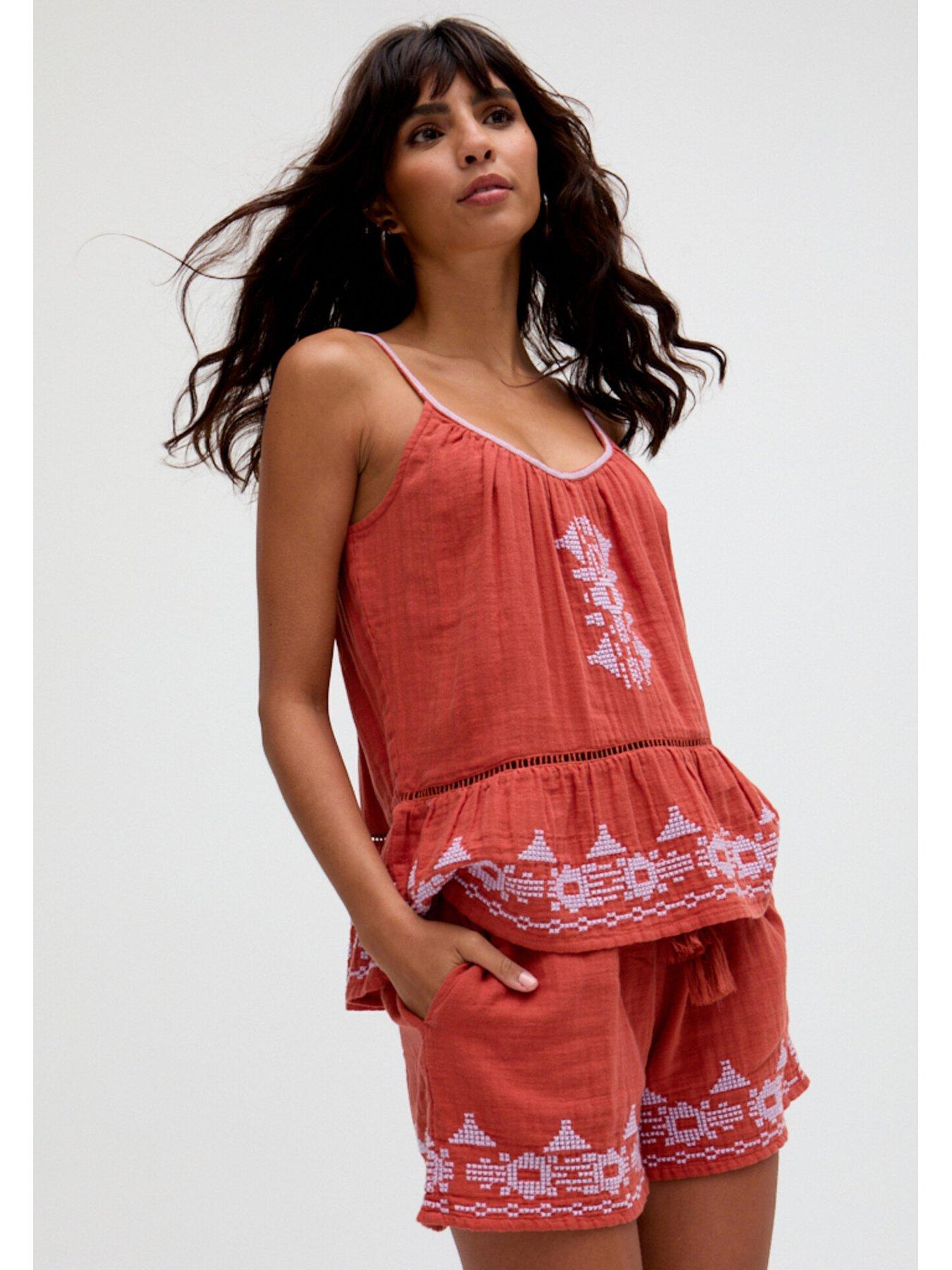  image of raffya-chloe-paperbag-waist-embroidered-short-in-brown