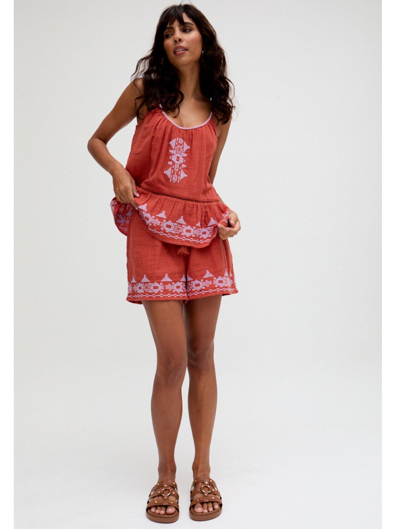  image of raffya-chloe-paperbag-waist-embroidered-short-in-brown