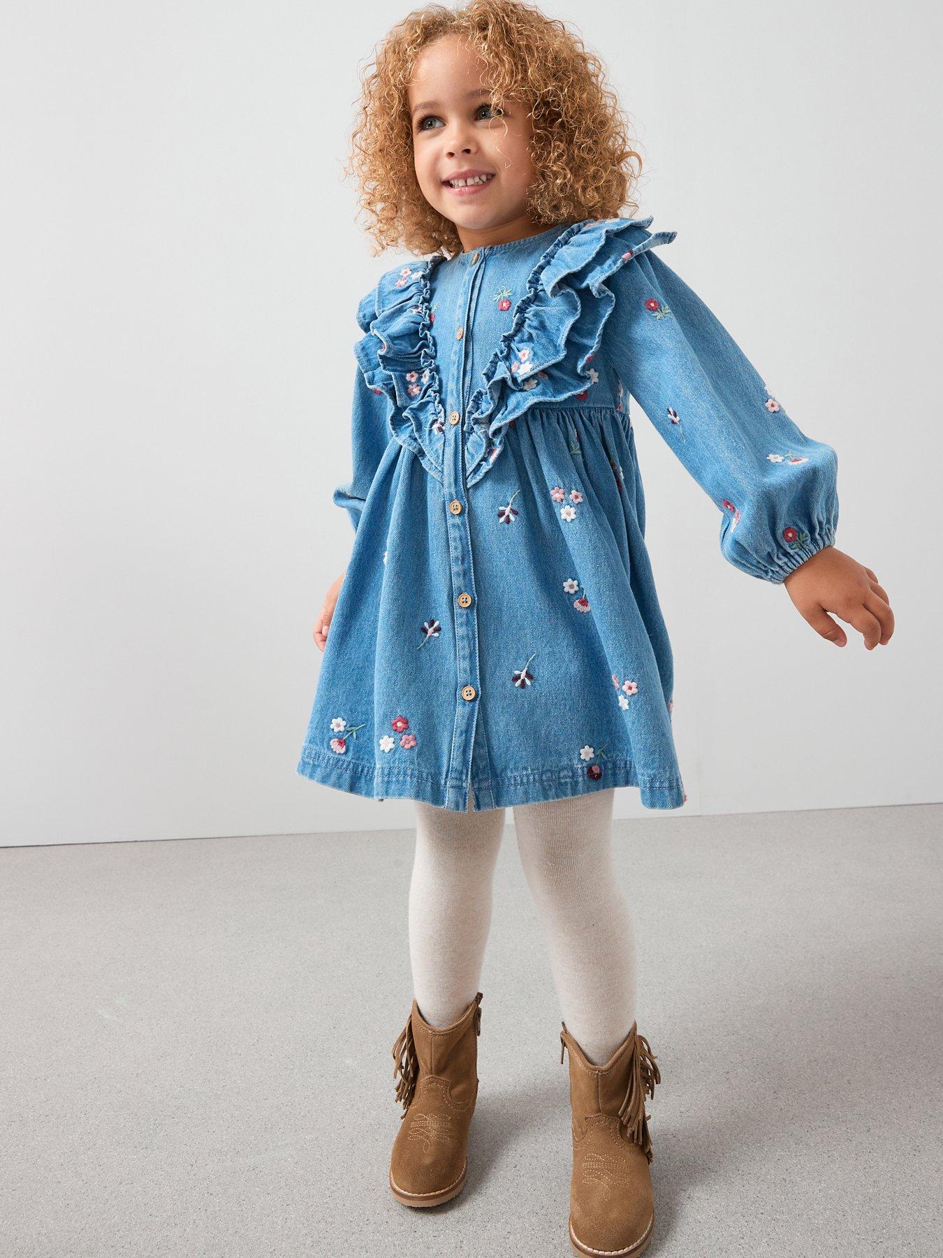 undefined Girls Denim Embroidered Dress - Mid Wash
